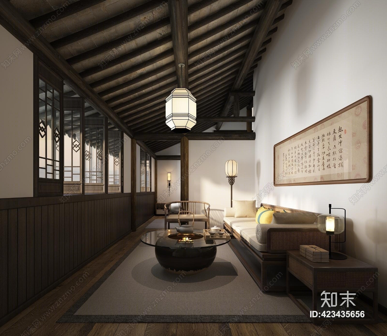 新中式沙发茶几吊灯挂画组合3D模型下载【ID:423435656】