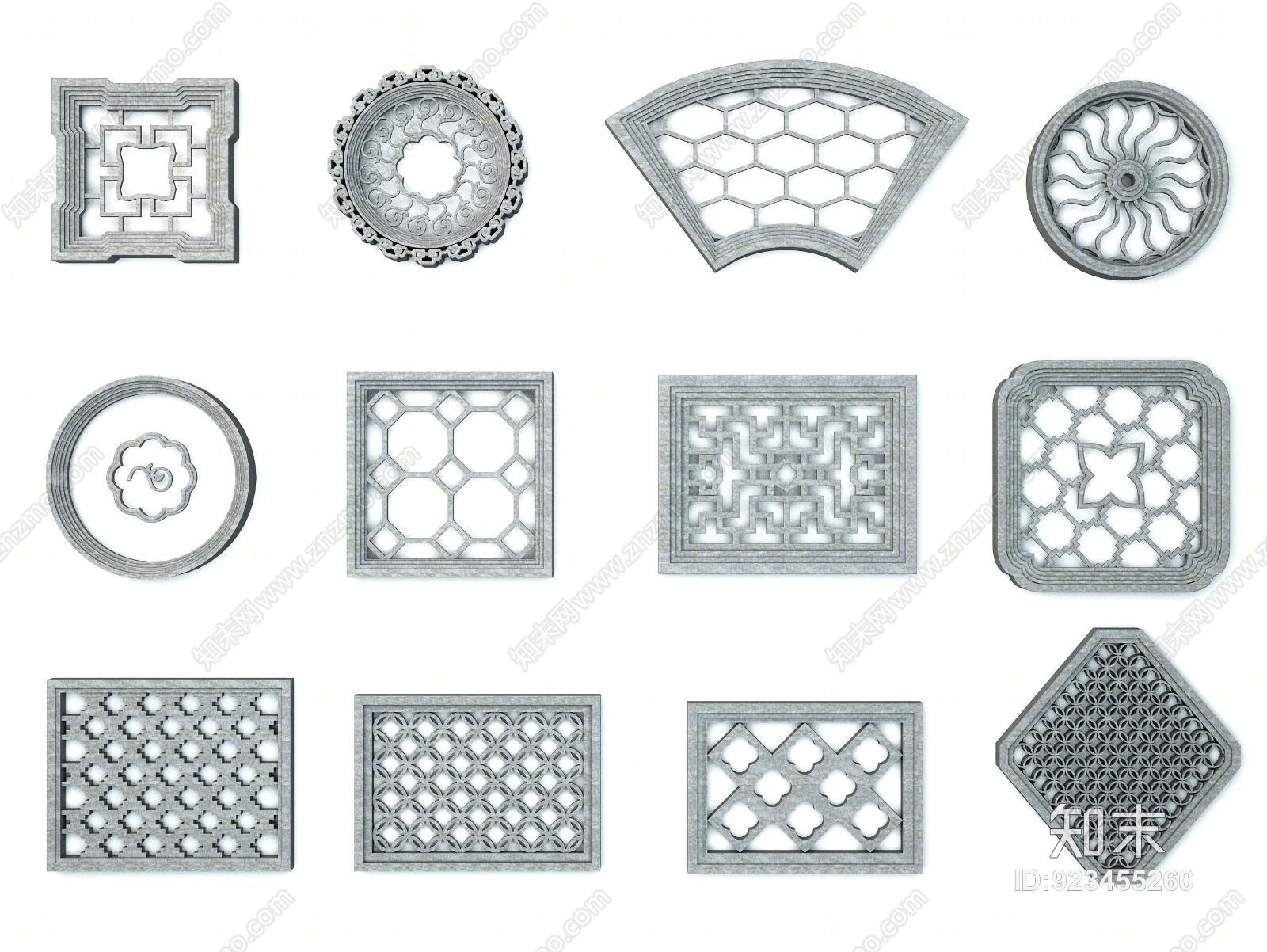 传统中式园林石窗花墙饰格栅3D模型下载【ID:923455260】
