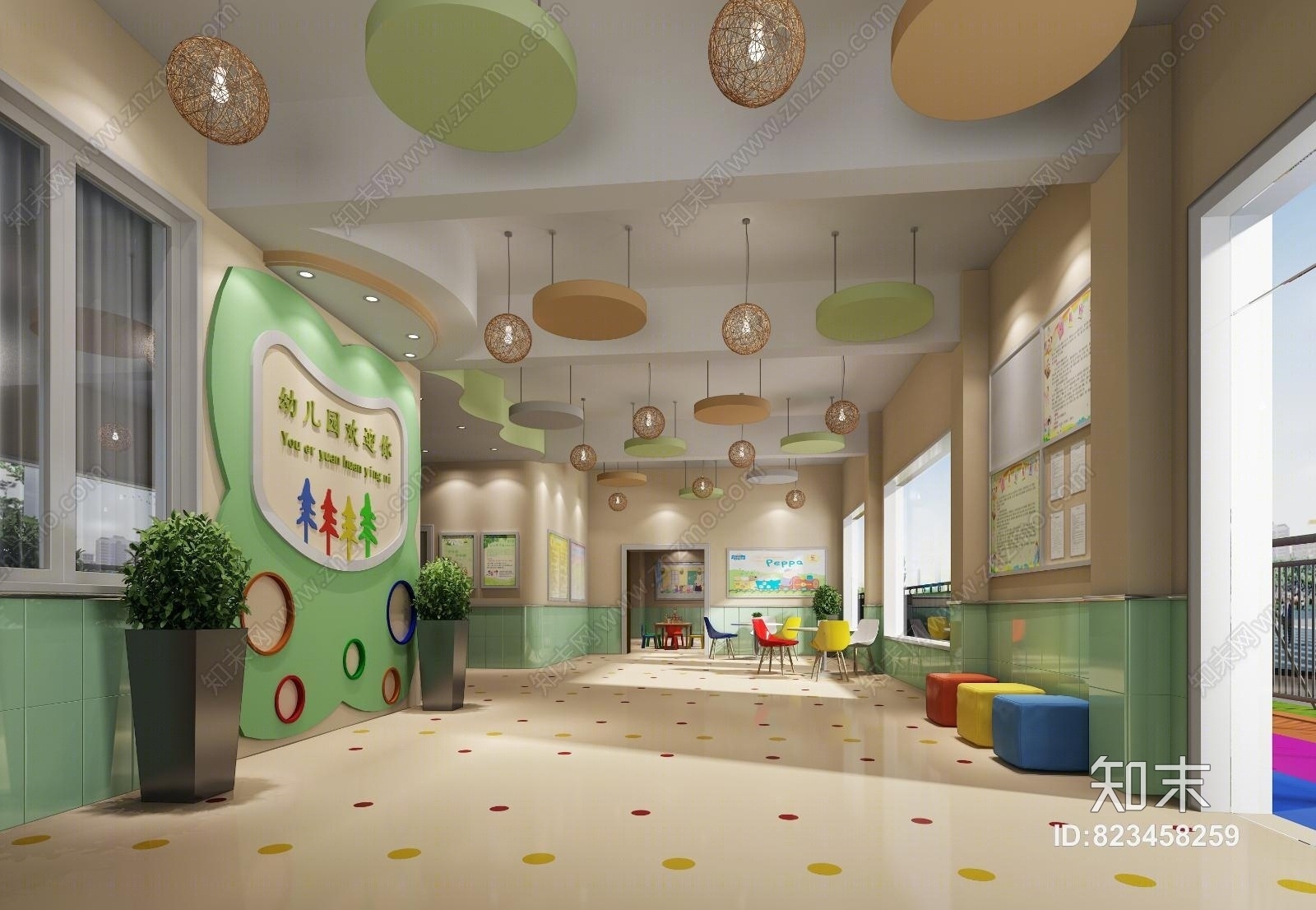 现代幼儿园前台过道大厅3D模型下载【ID:823458259】