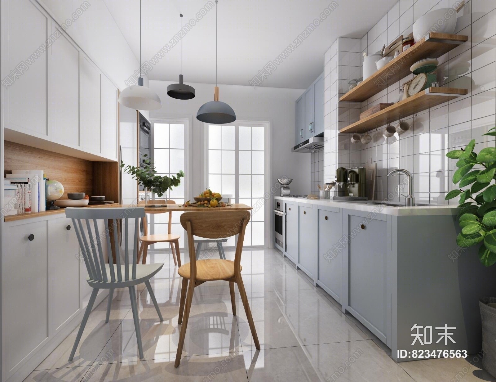 北欧小清新餐厅厨房桌椅灯具3D模型下载【ID:823476563】