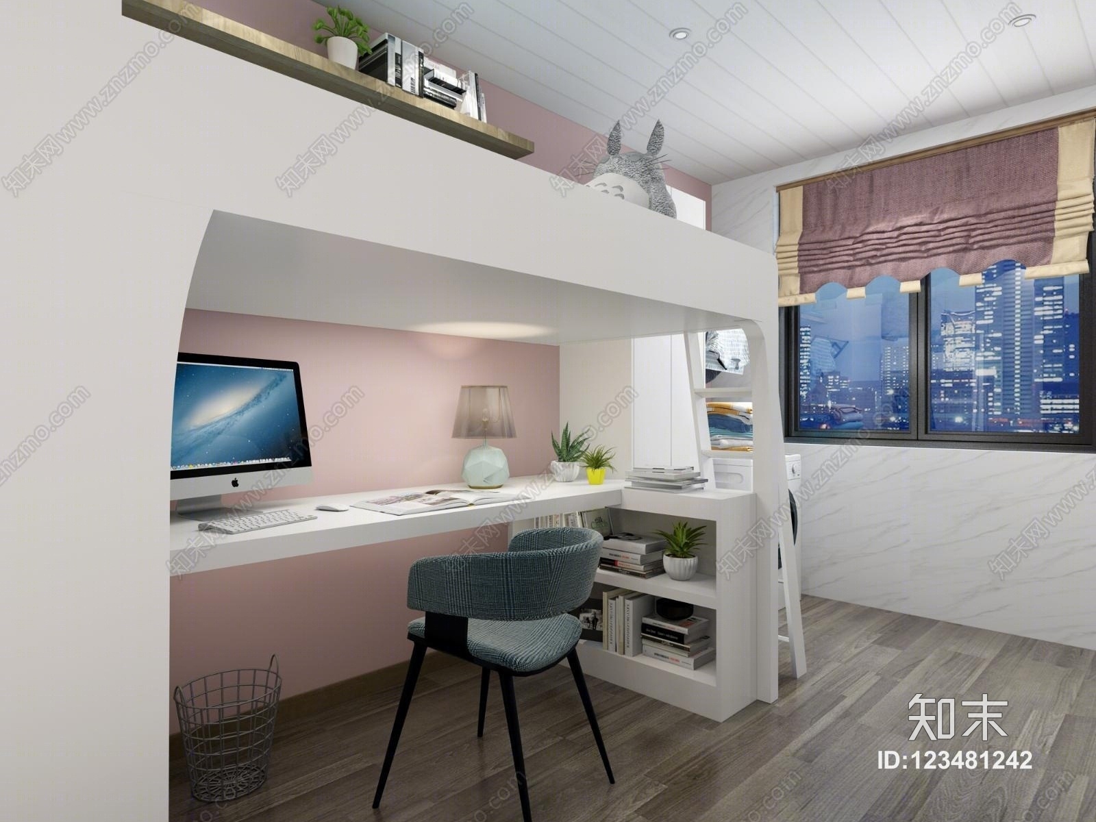 现代儿童房上下床高低床书桌书架粉色椅子窗帘电脑3D模型下载【ID:123481242】