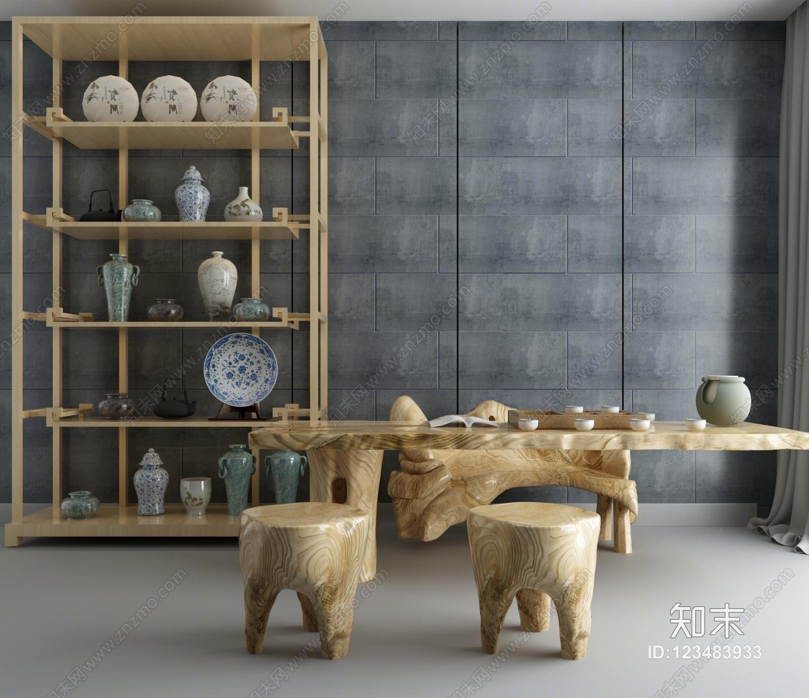 新中式实木茶几根雕组合3D模型下载【ID:123483933】