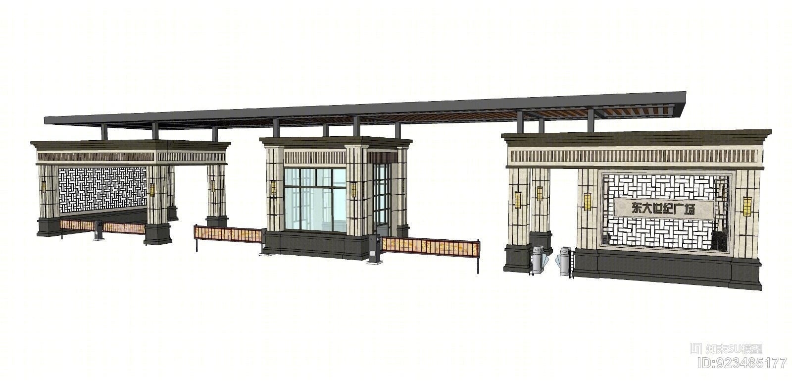 欧式小区入口大门带门卫亭SU模型下载【ID:923485177】