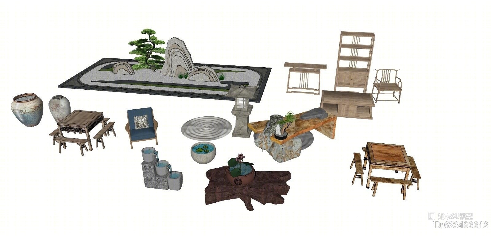 中式枯山水景流水池桌子小道具SU模型下载【ID:623486612】