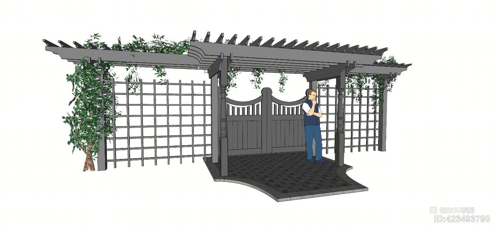 欧式网格花架门+爬藤植物SU模型下载【ID:423493790】