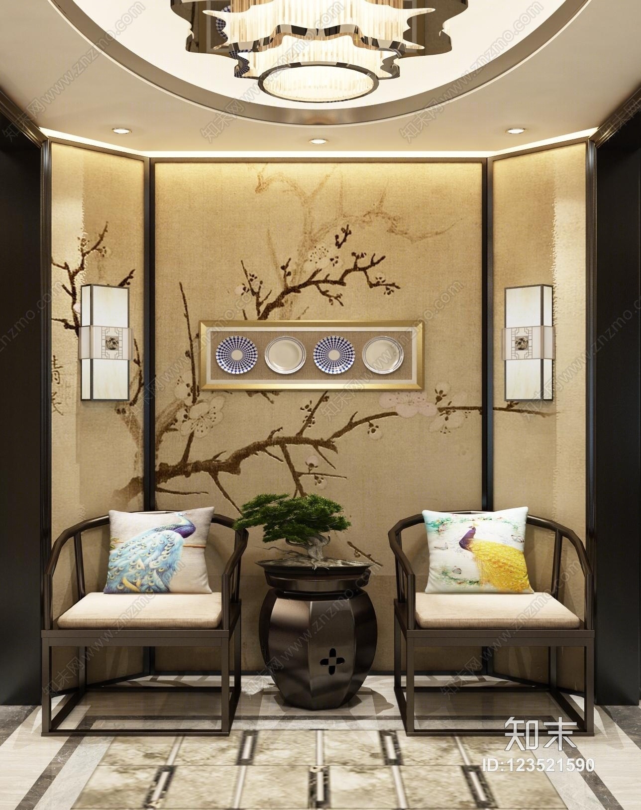 新中式圈椅门厅吊灯3D模型下载【ID:123521590】