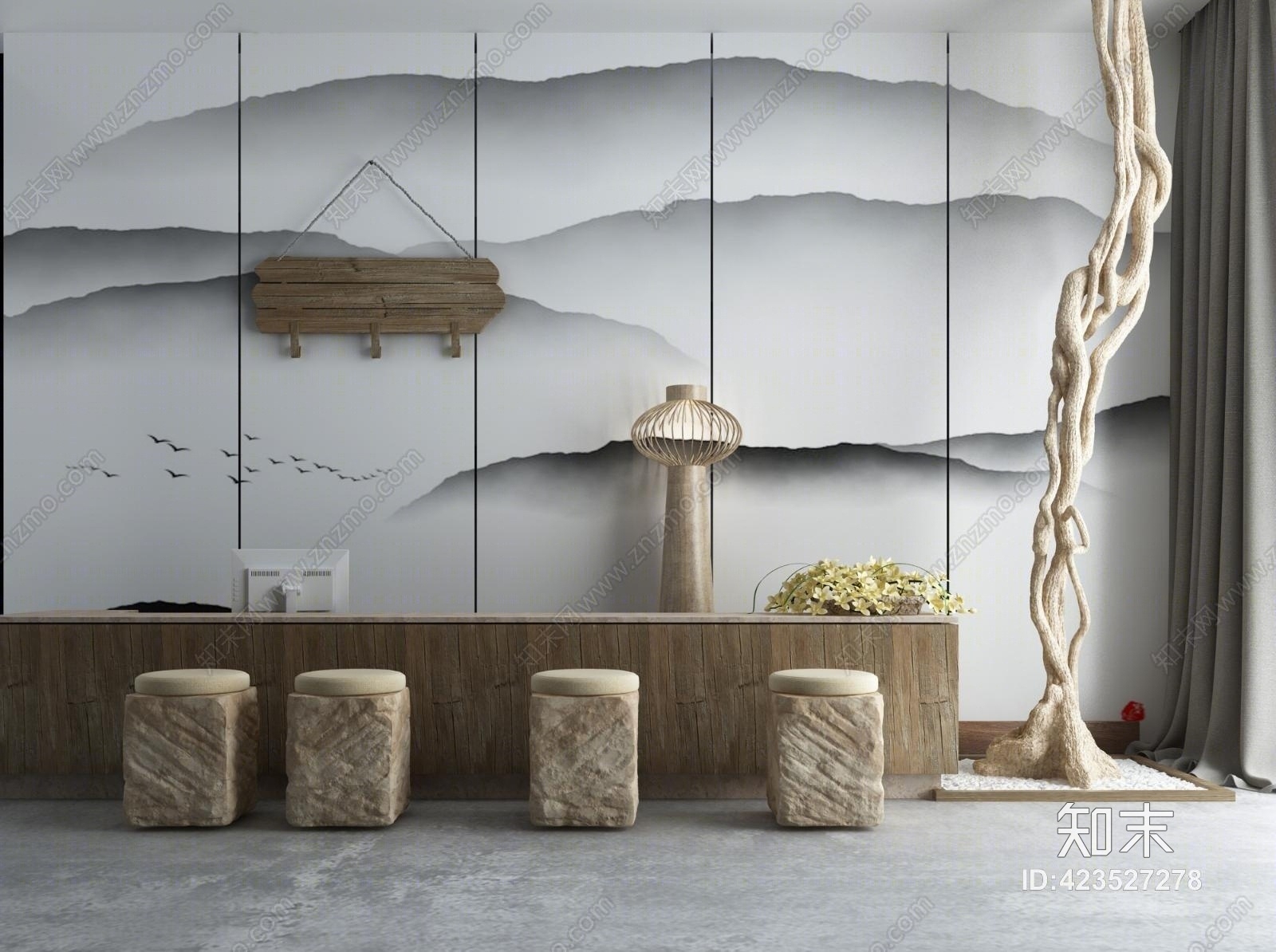 新中式酒店大堂吧台3D模型下载【ID:423527278】