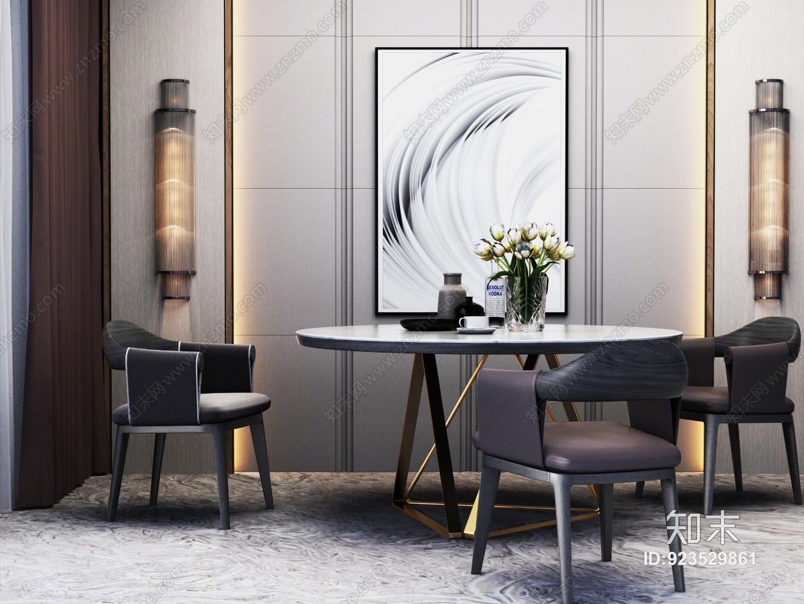 现代新中式桌椅组合3D模型下载【ID:923529861】