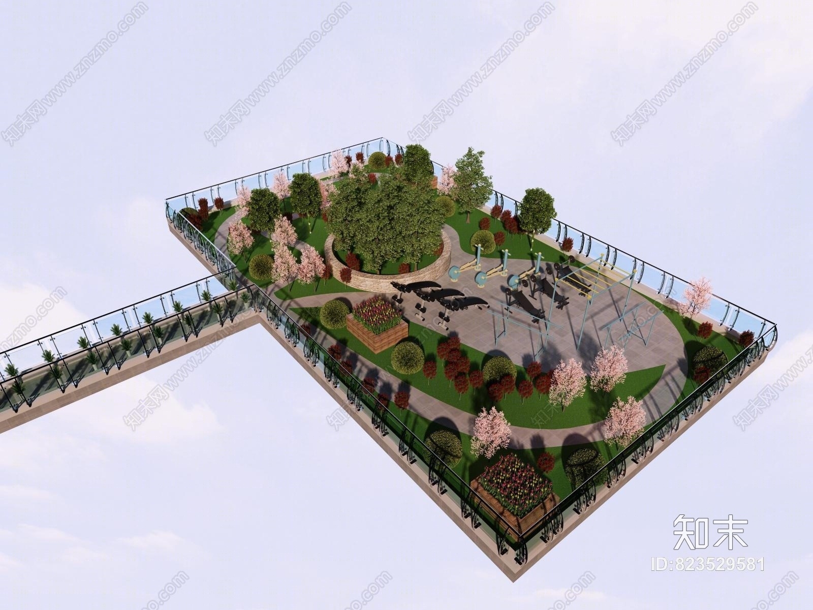 现代室外花园鸟瞰3D模型下载【ID:823529581】