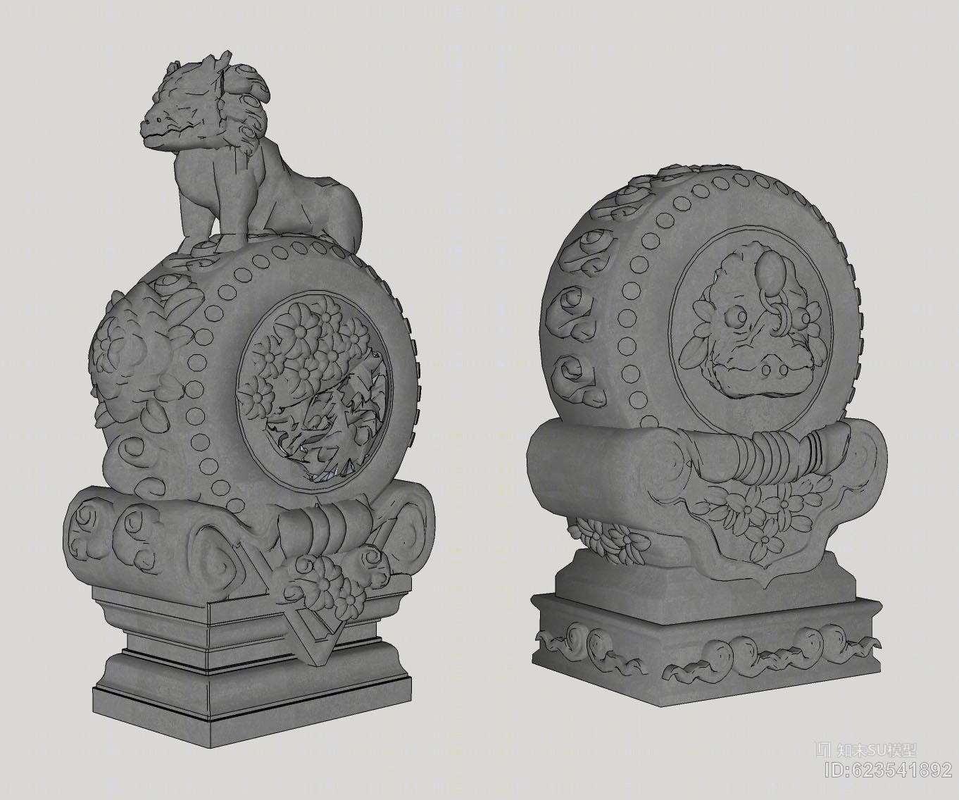 新中式抱鼓石雕塑组合SU模型下载【ID:623541892】