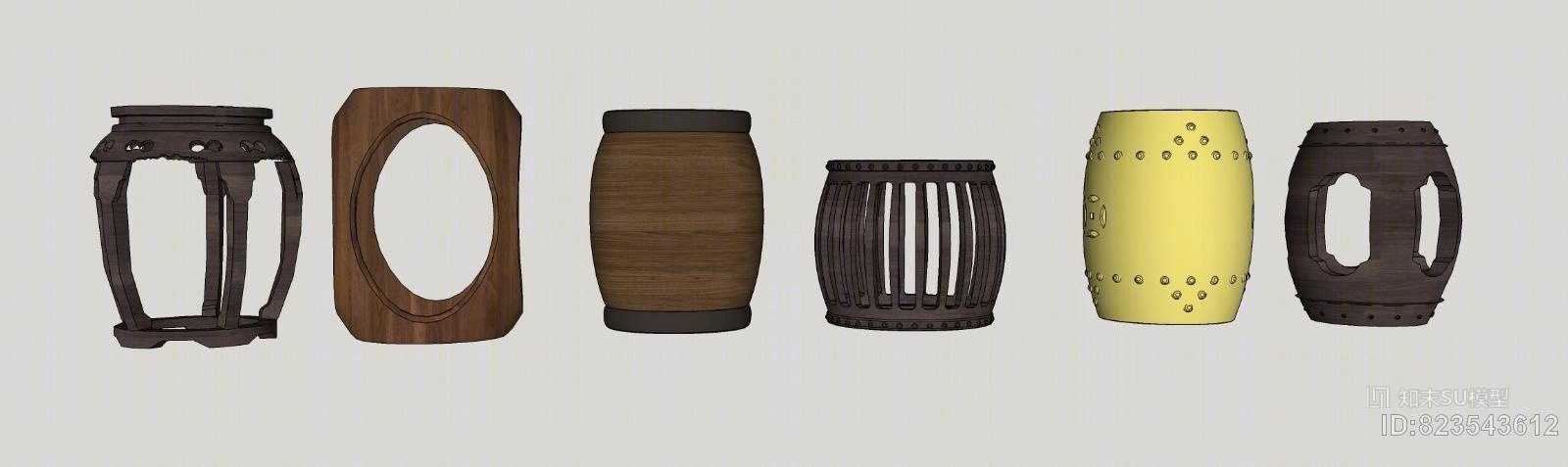 新中式鼓凳组合SU模型下载【ID:823543612】