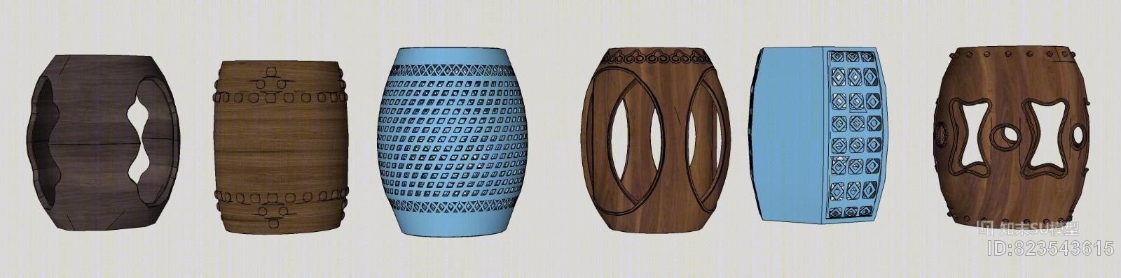 新中式鼓凳组合SU模型下载【ID:823543615】