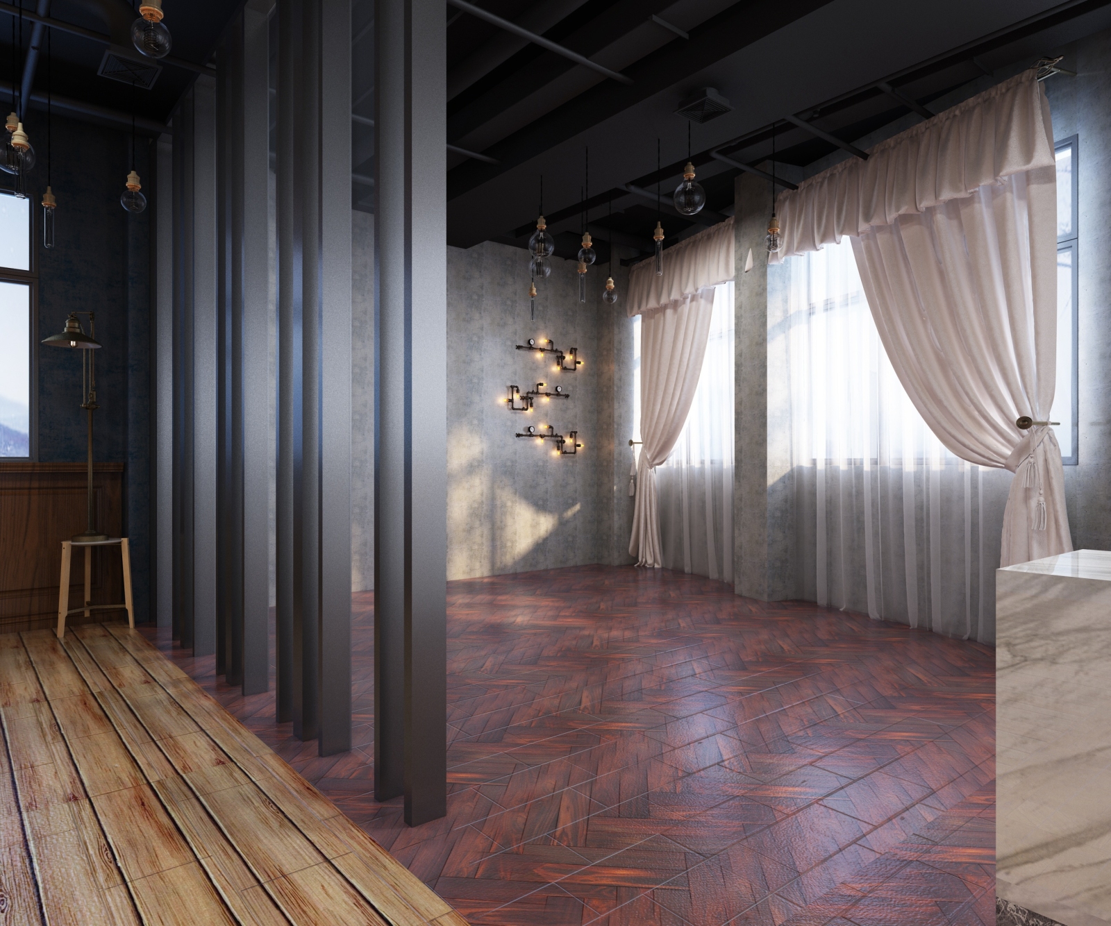 工业风婚纱摄影店吊灯照片墙管道吧台椅3D模型下载【ID:223545635】