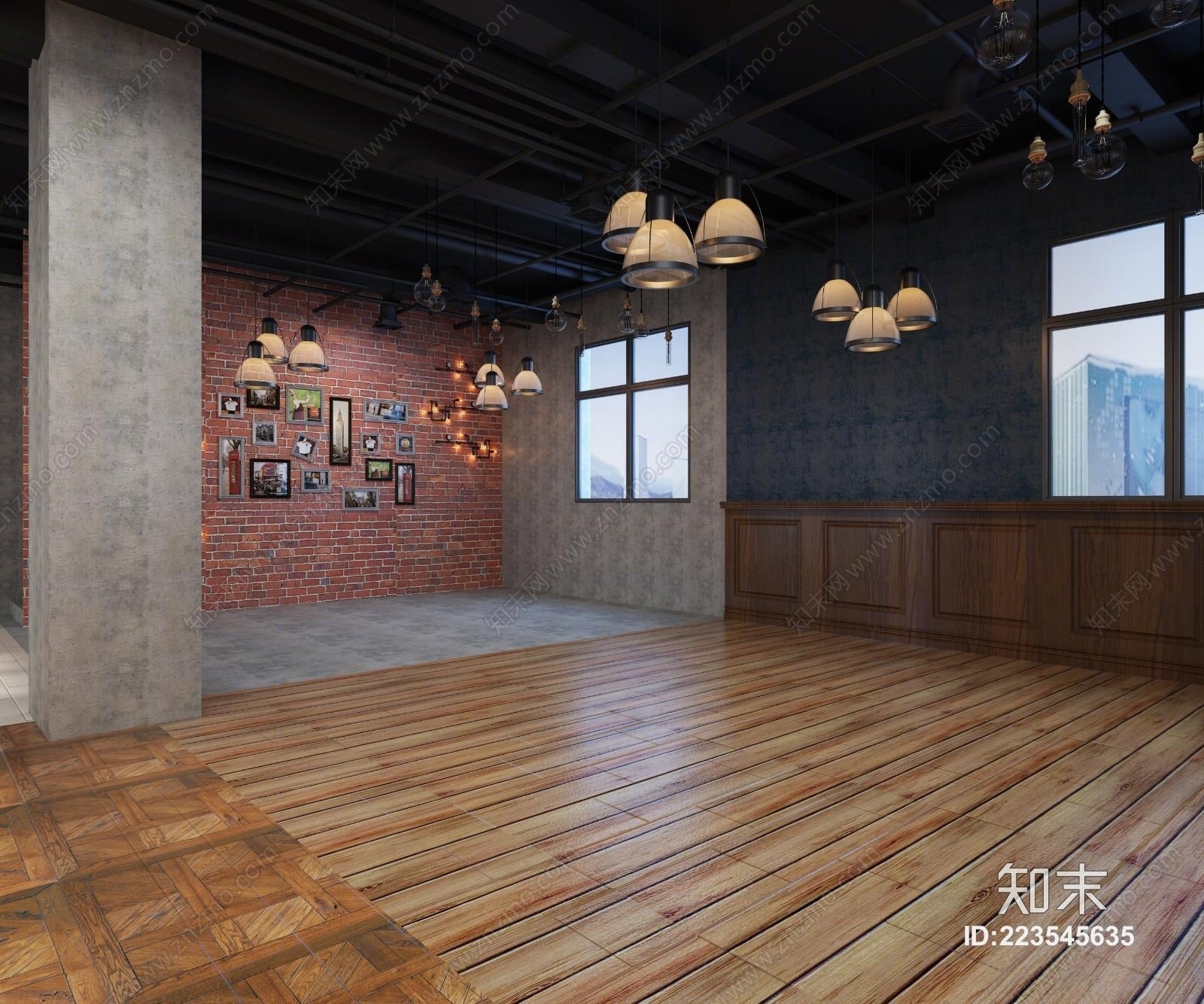 工业风婚纱摄影店吊灯照片墙管道吧台椅3D模型下载【ID:223545635】