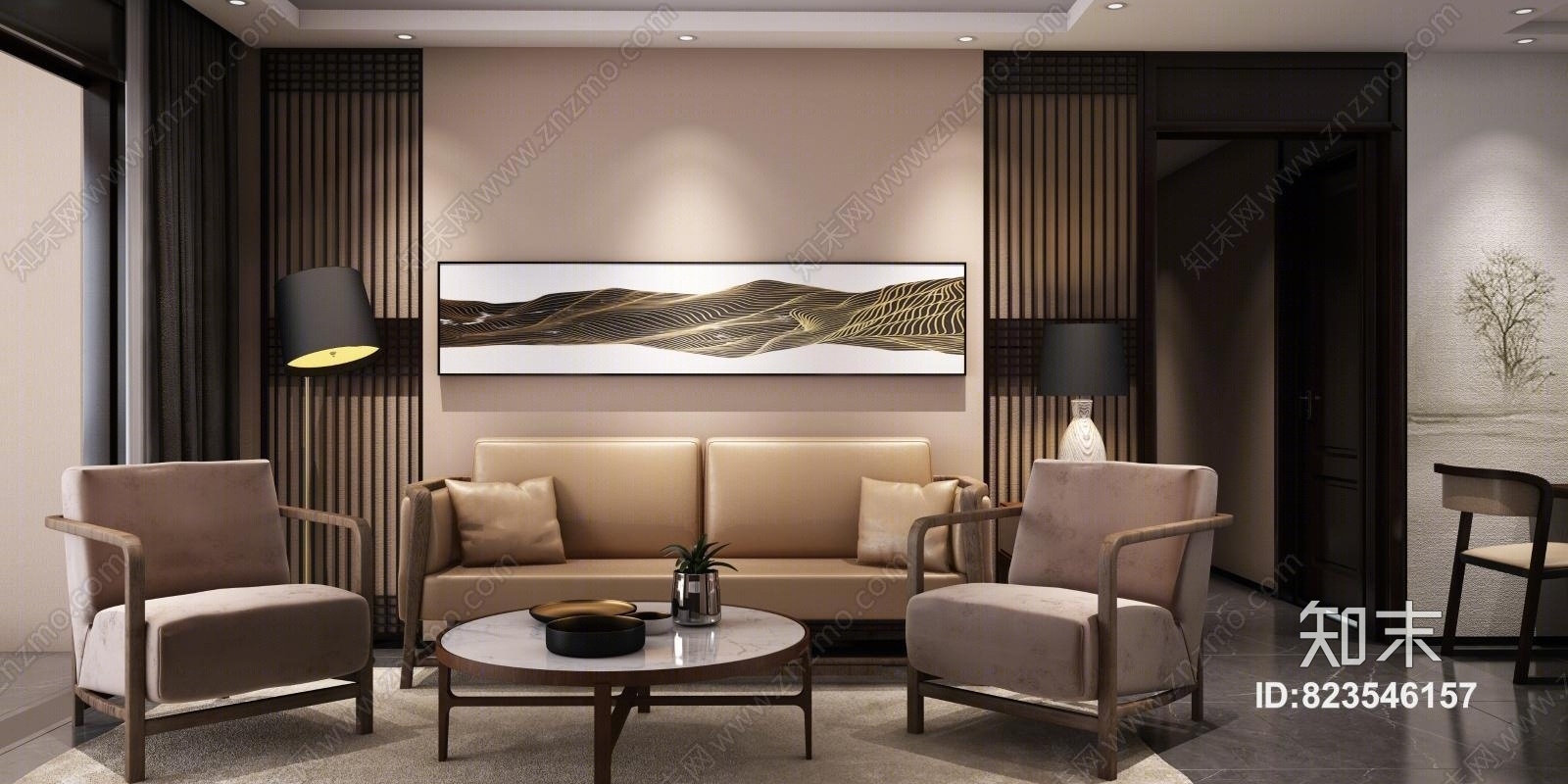 新中式沙发茶几组合3D模型下载【ID:823546157】