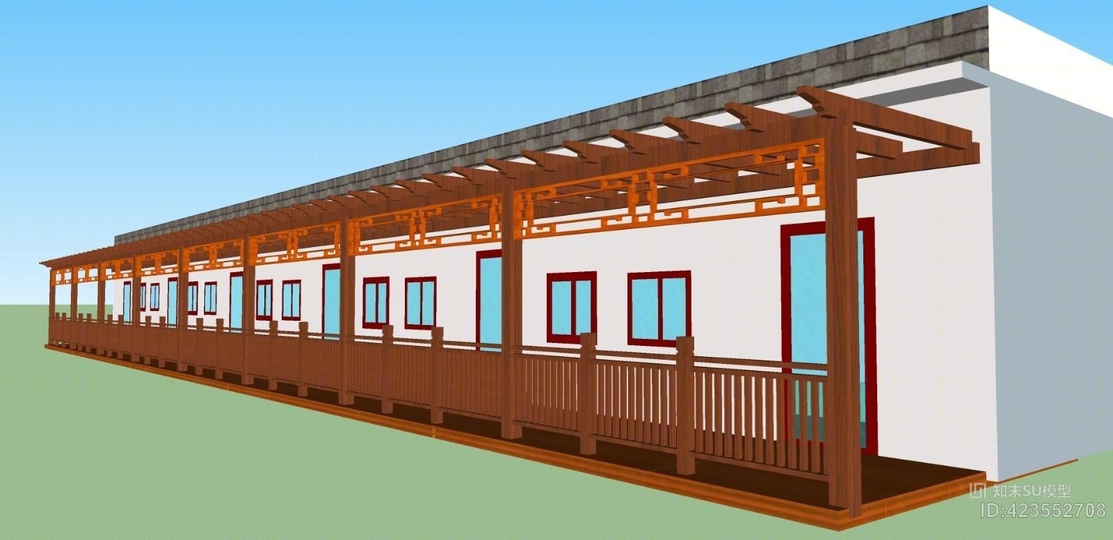 防腐木长廊走廊SU模型下载【ID:423552708】