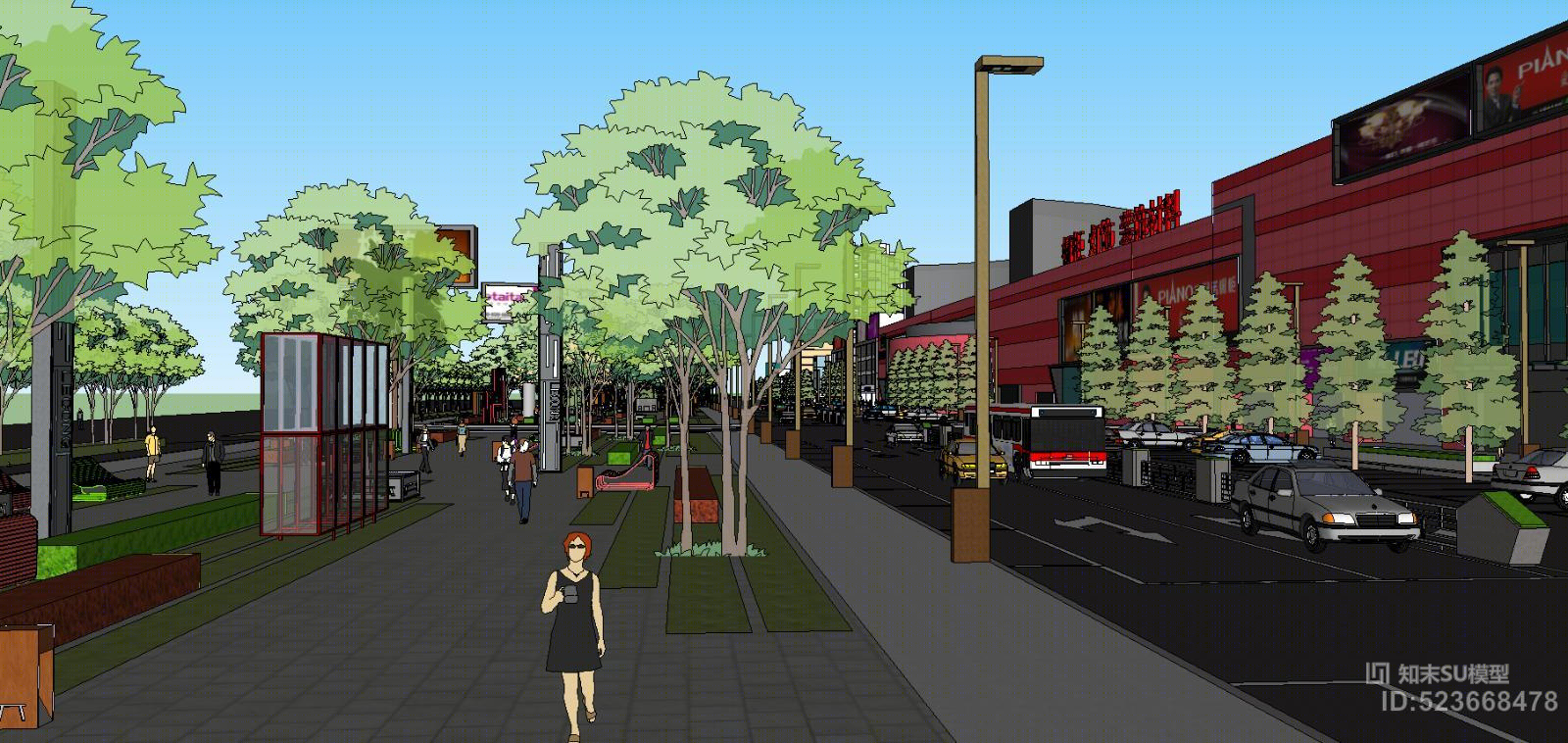 商业街前带状休闲公园SU模型下载【ID:523668478】