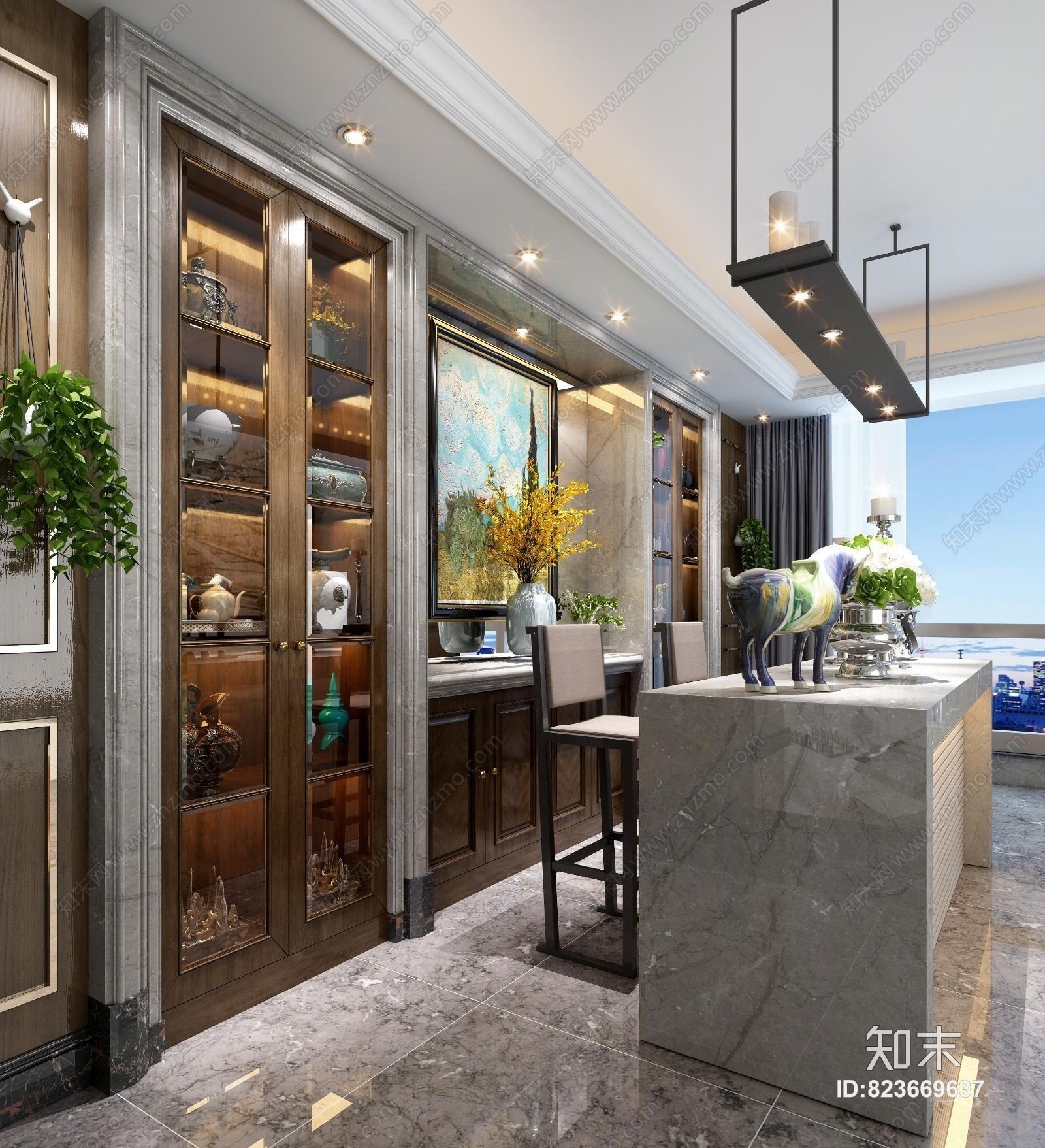 新古典酒柜吧台3D模型下载【ID:823669637】