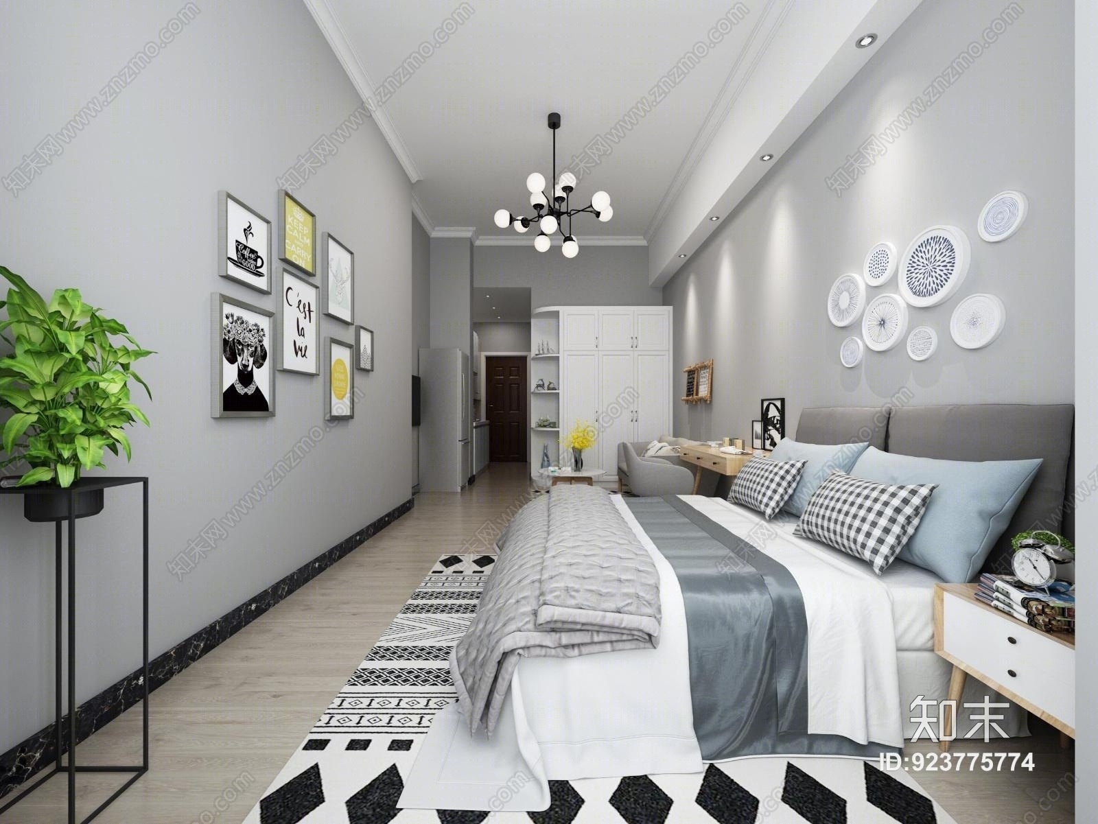 北欧单身公寓冷色系3D模型下载【ID:923775774】