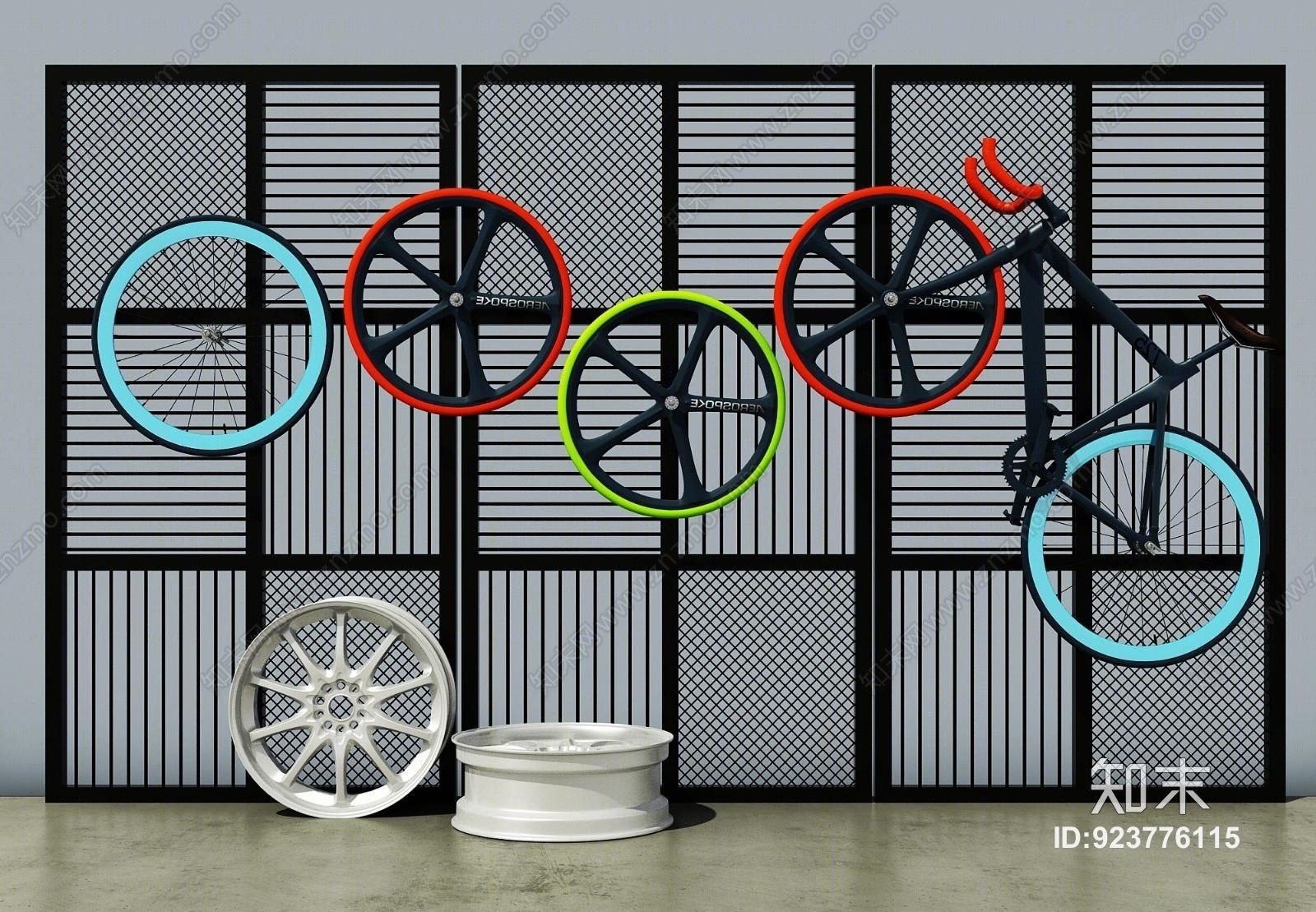 工业风金属网架轮胎自行车组合3D模型下载【ID:923776115】