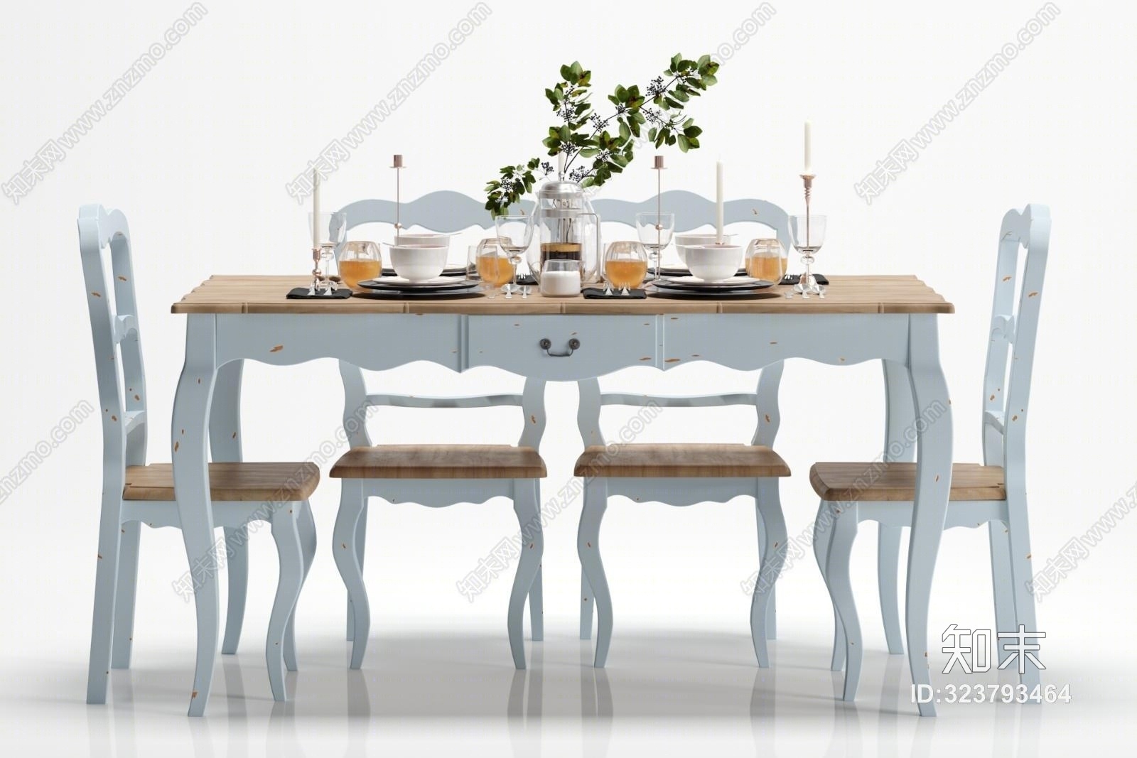 田园风餐桌椅子食物摆件组合3D模型下载【ID:323793464】
