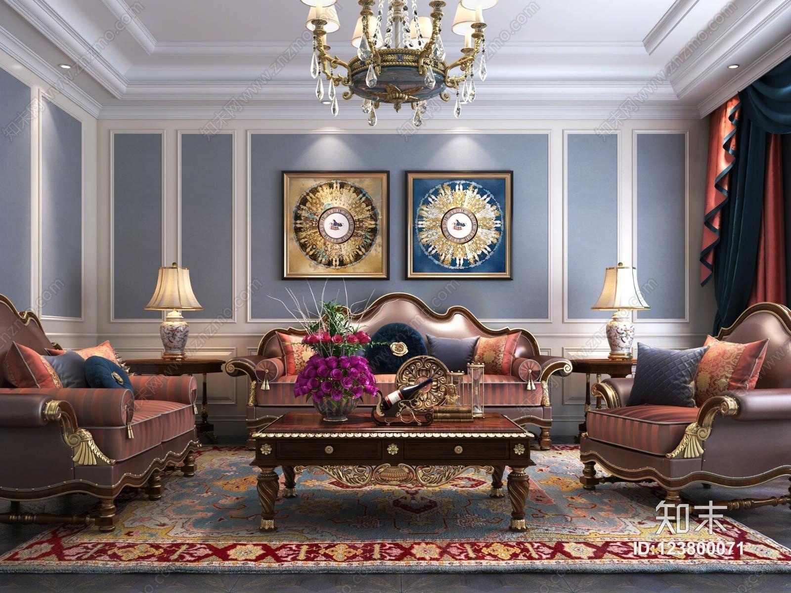欧式古典客厅沙发3D模型下载【ID:123800071】