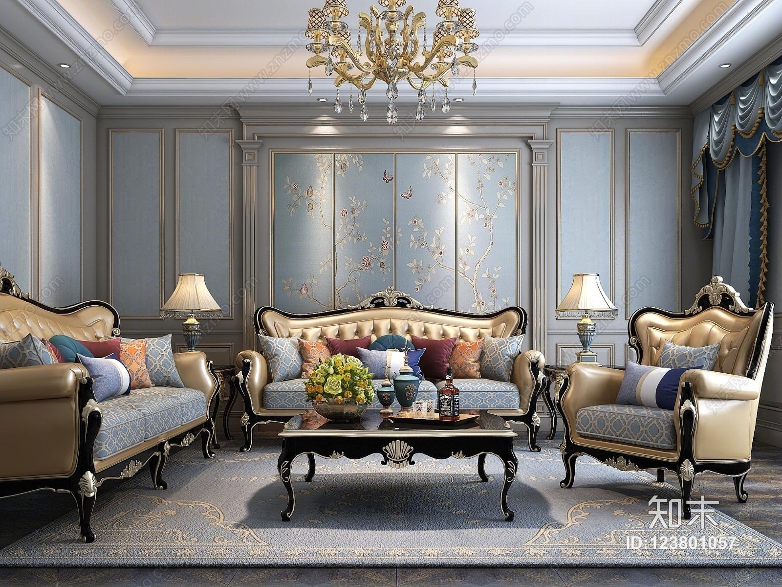 欧式古典客厅沙发3D模型下载【ID:123801057】