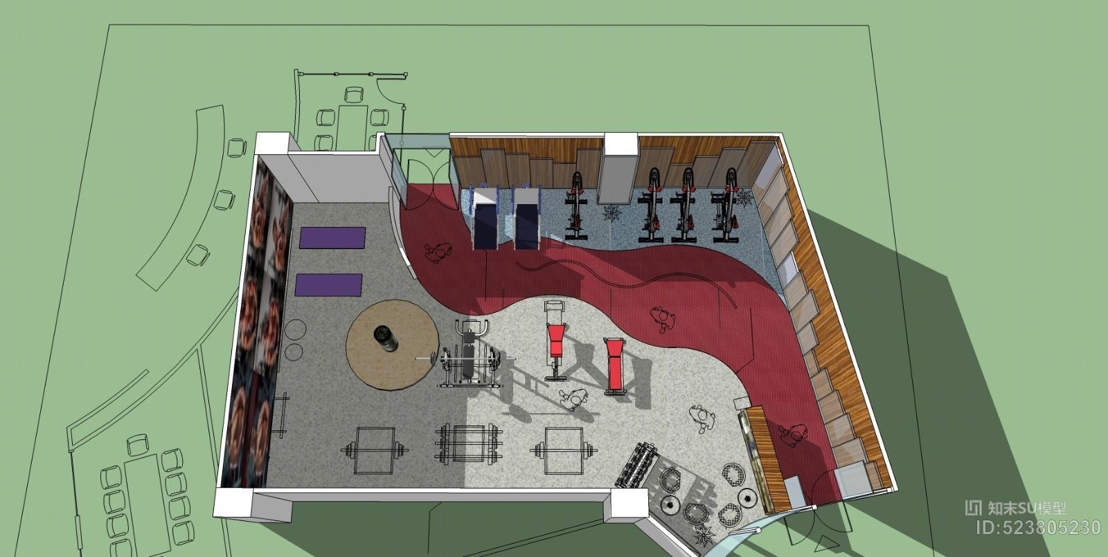 现代健身房设计，健身房，健身房设计SU模型下载【ID:523805230】