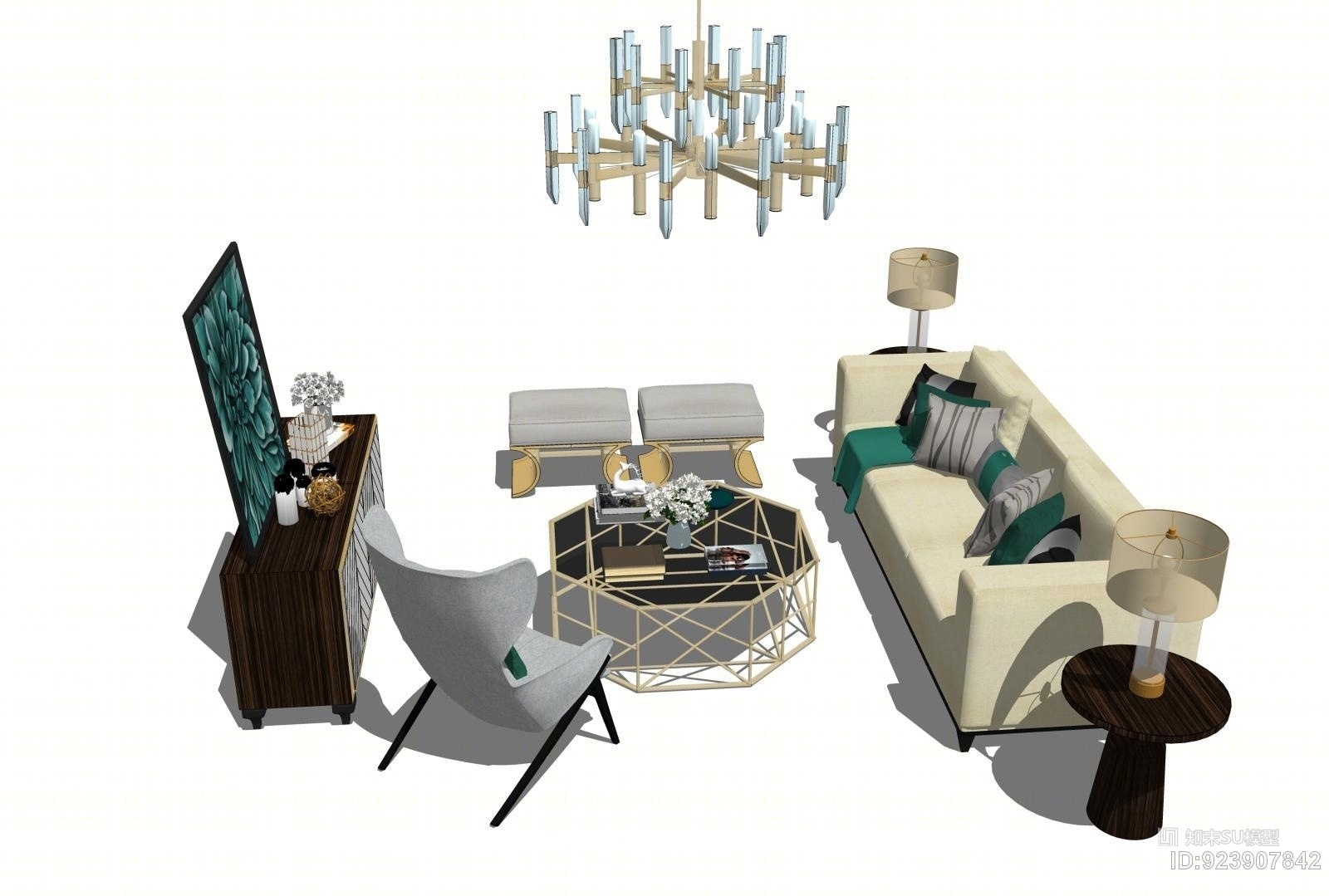 客厅沙发茶几电视柜组合SU模型下载【ID:923907842】