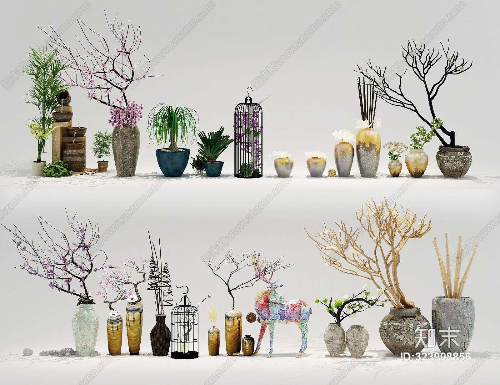 中式植物盆景装饰花卉组合3D模型下载【ID:323908856】