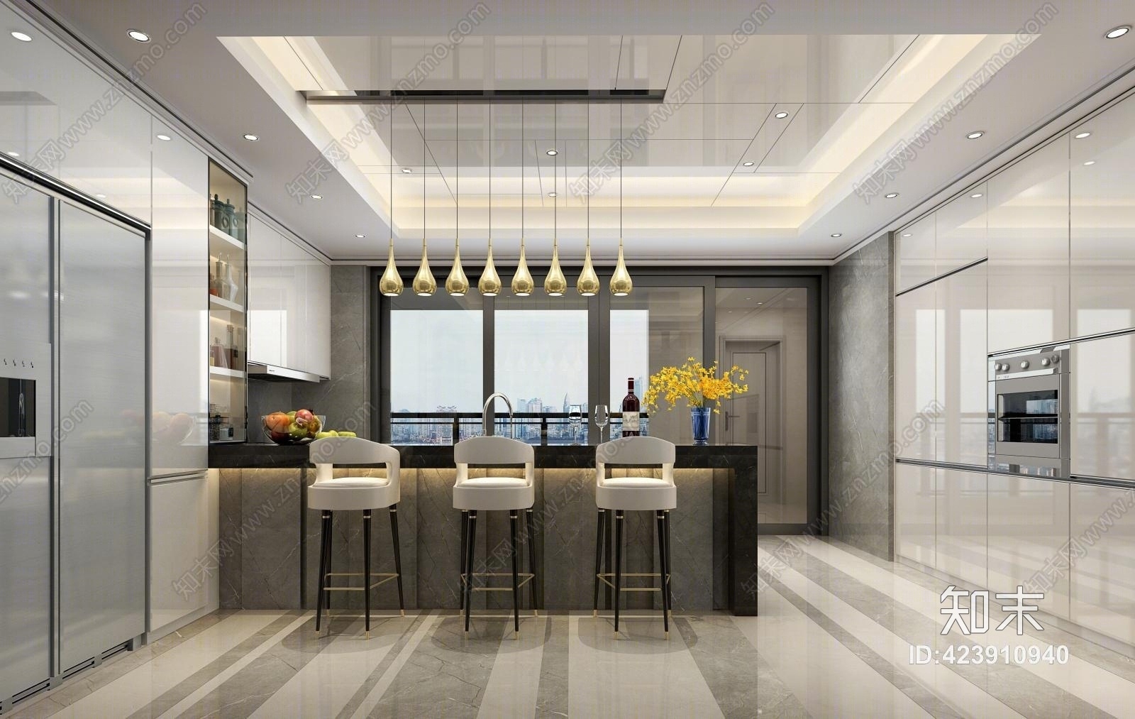 后现代厨房吧台3D模型下载【ID:423910940】