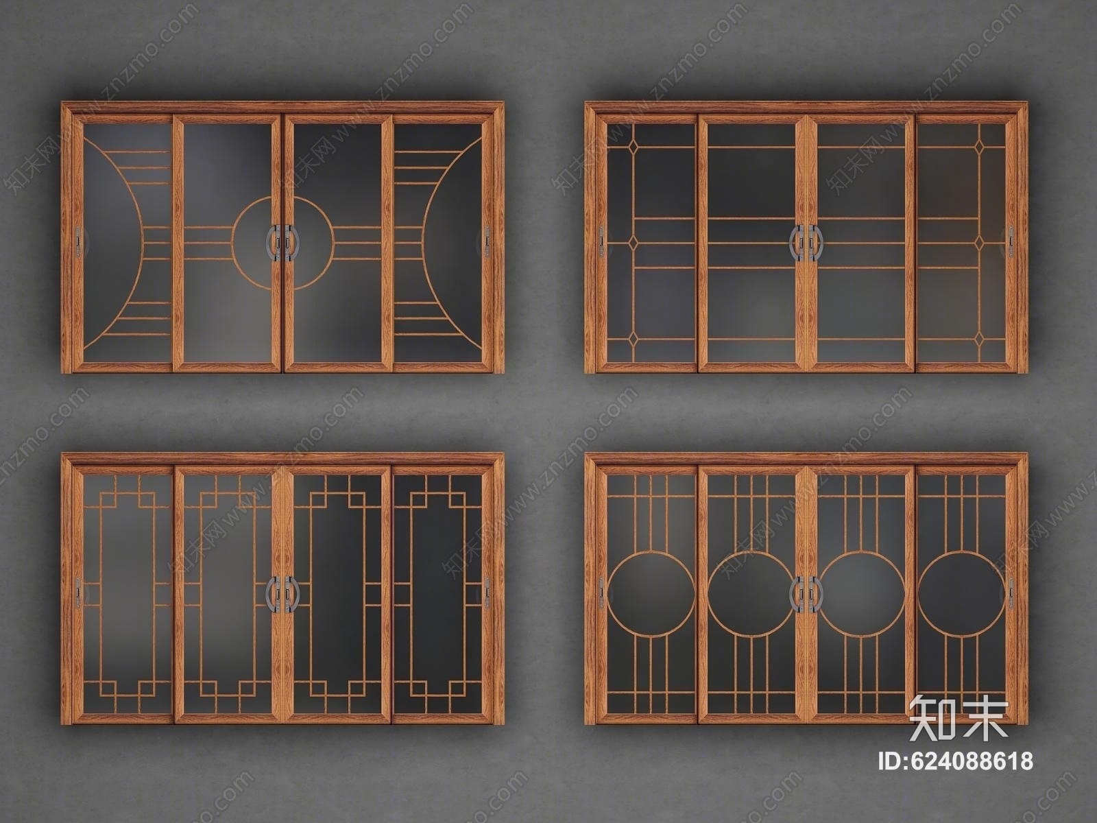 中式阳台推拉门组合3D模型下载【ID:624088618】