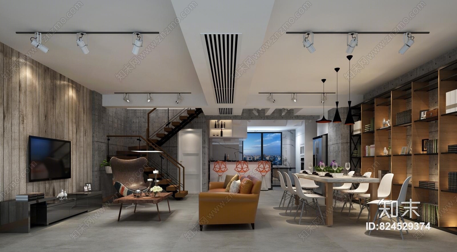 工业风格客厅3D模型下载【ID:824529374】