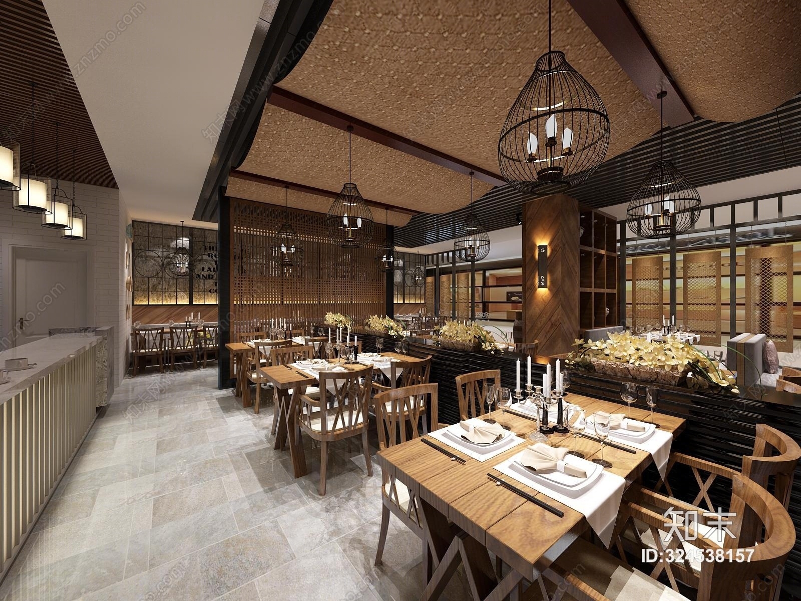 新中式茶餐厅吊灯椅子组合3D模型下载【ID:324538157】