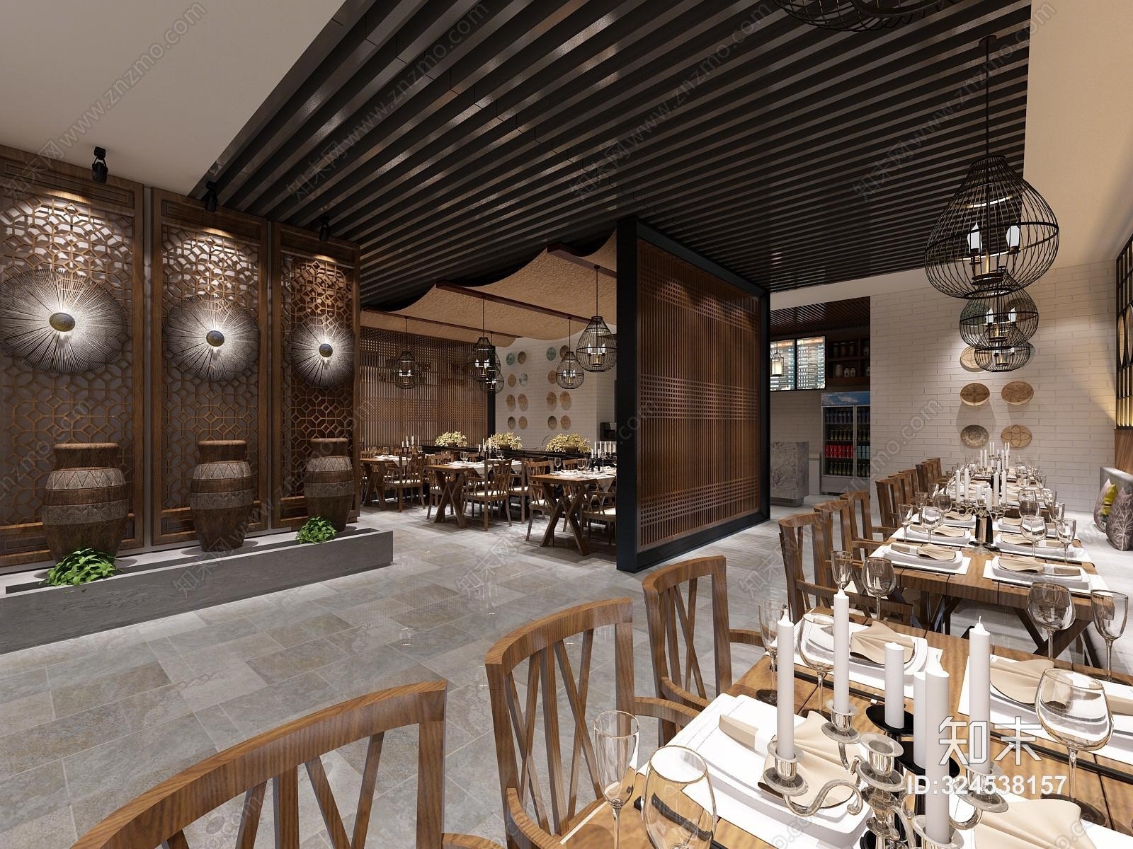 新中式茶餐厅吊灯椅子组合3D模型下载【ID:324538157】