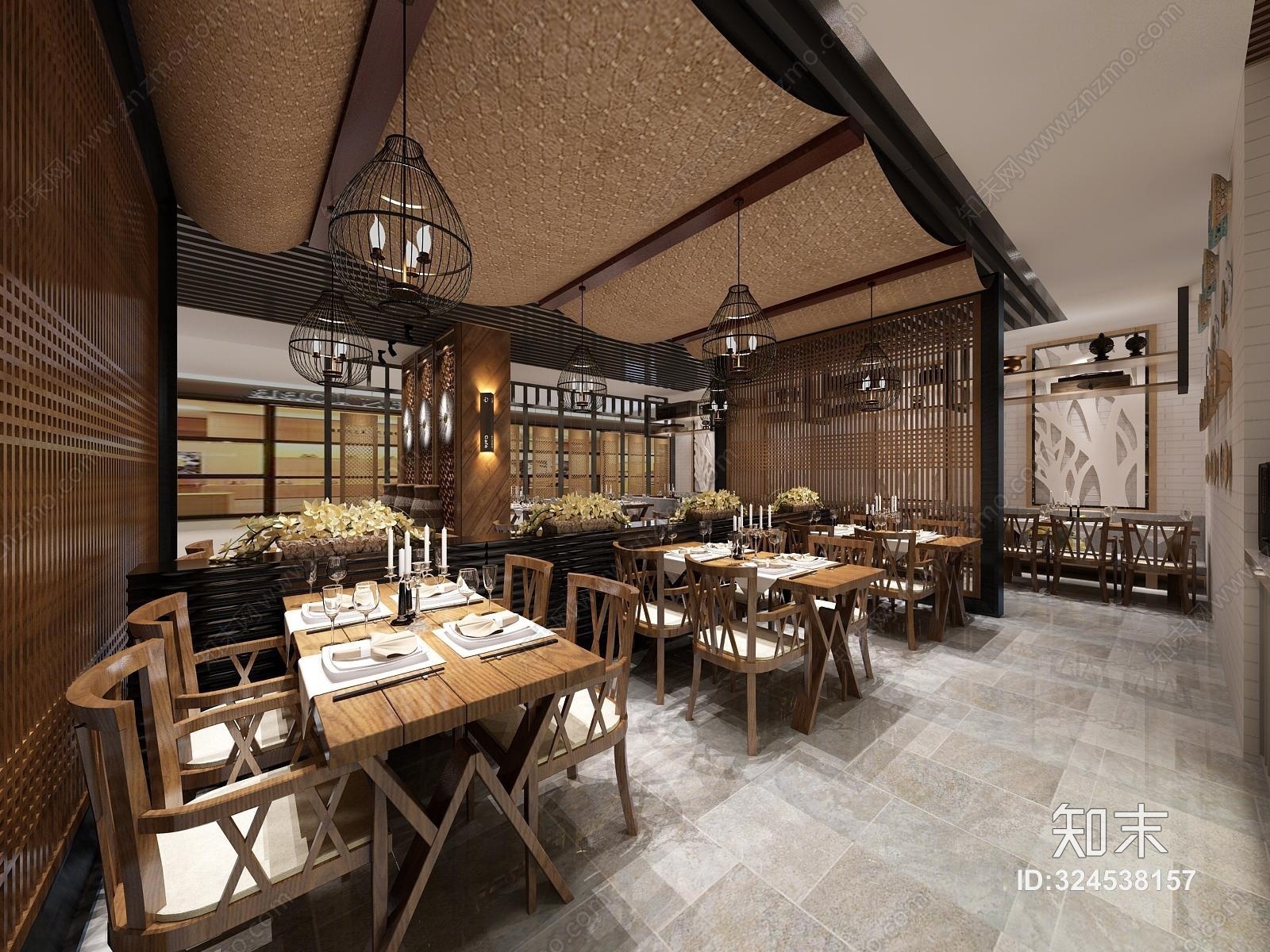 新中式茶餐厅吊灯椅子组合3D模型下载【ID:324538157】