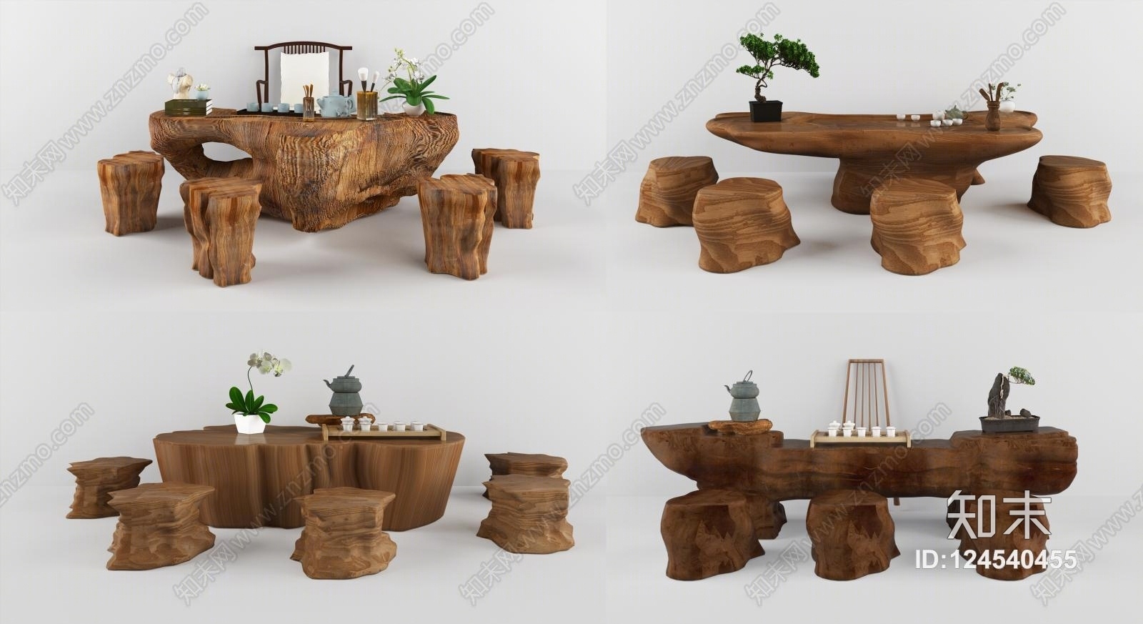 中式根雕茶台茶桌组合3D模型下载【ID:124540455】