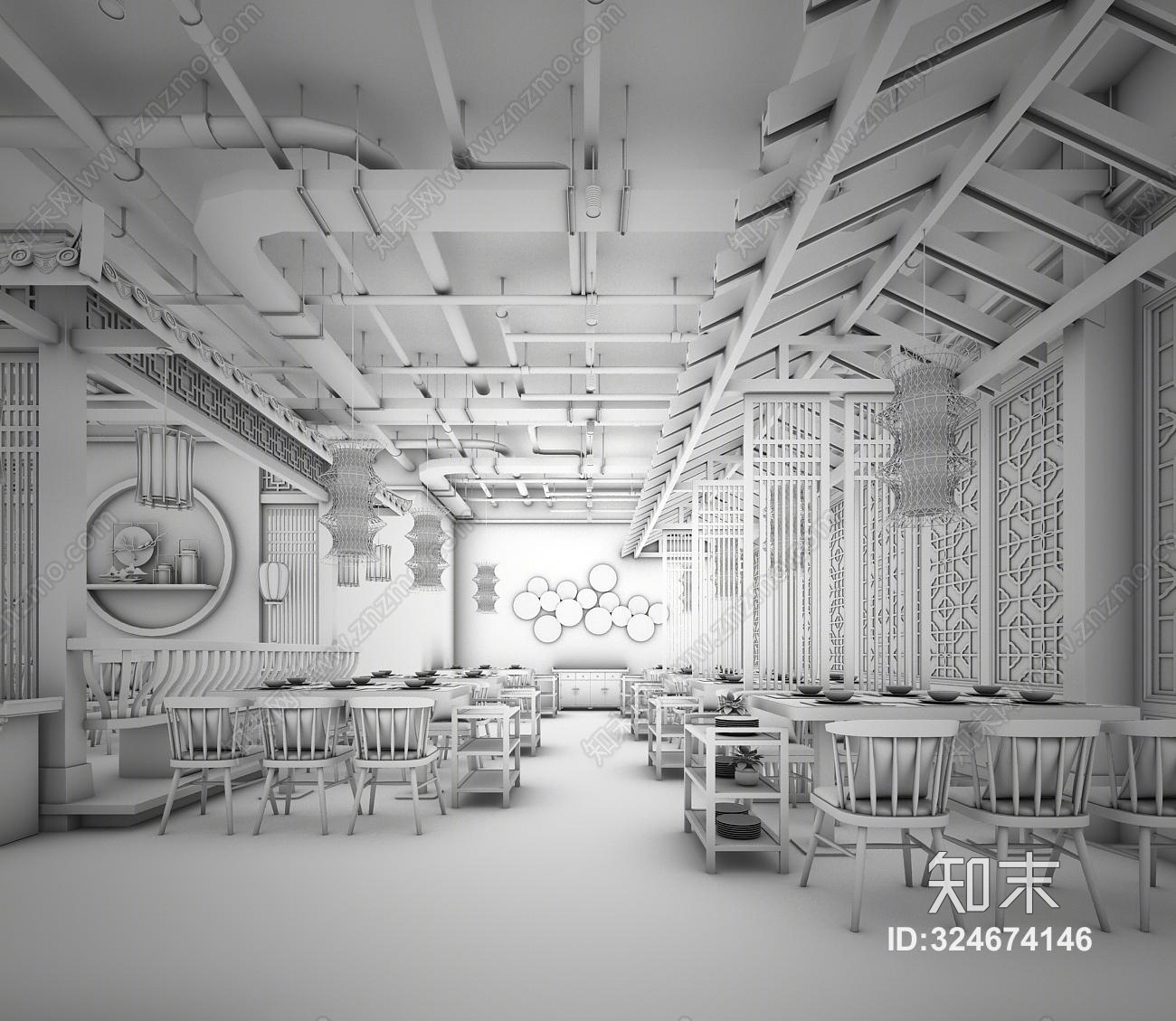 新中式餐厅3D模型下载【ID:324674146】
