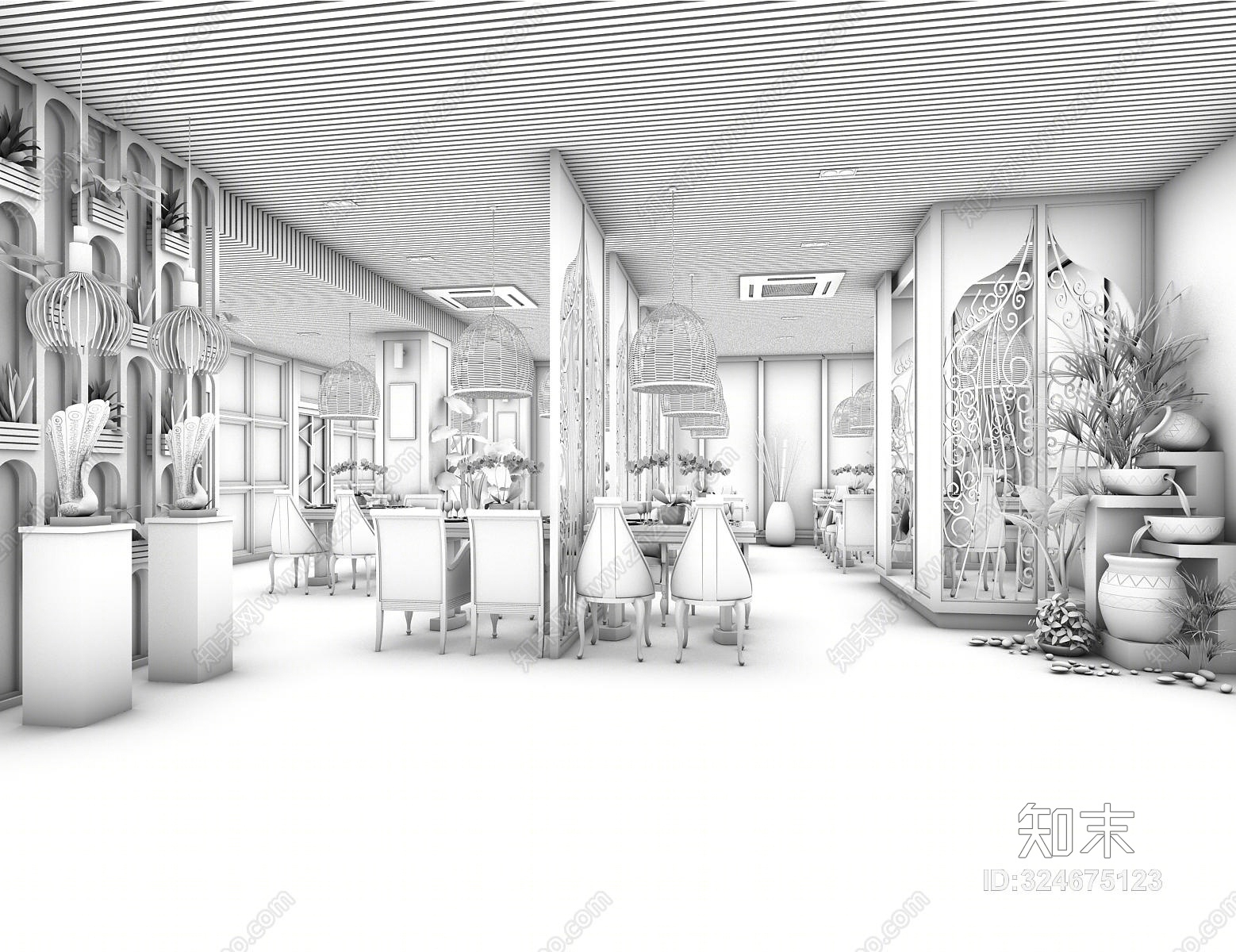 新中式餐厅3D模型下载【ID:324675123】