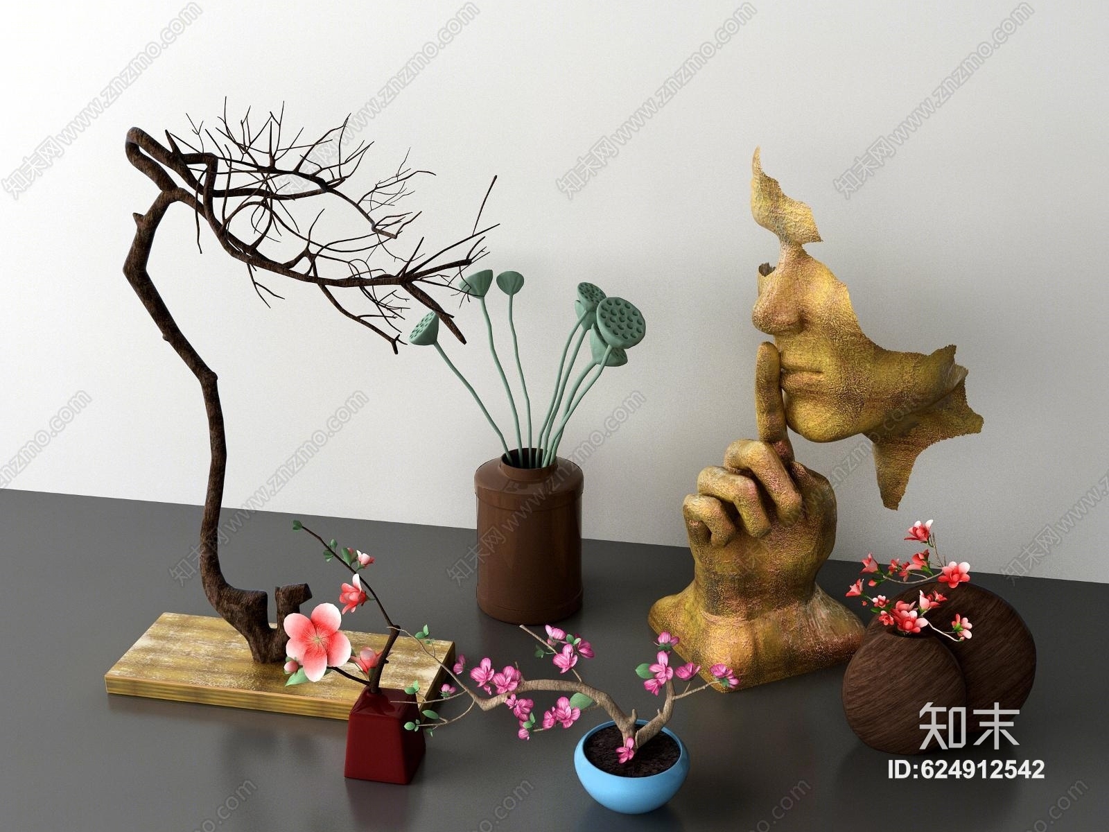 中式花瓶插花人像雕塑3D模型下载【ID:624912542】