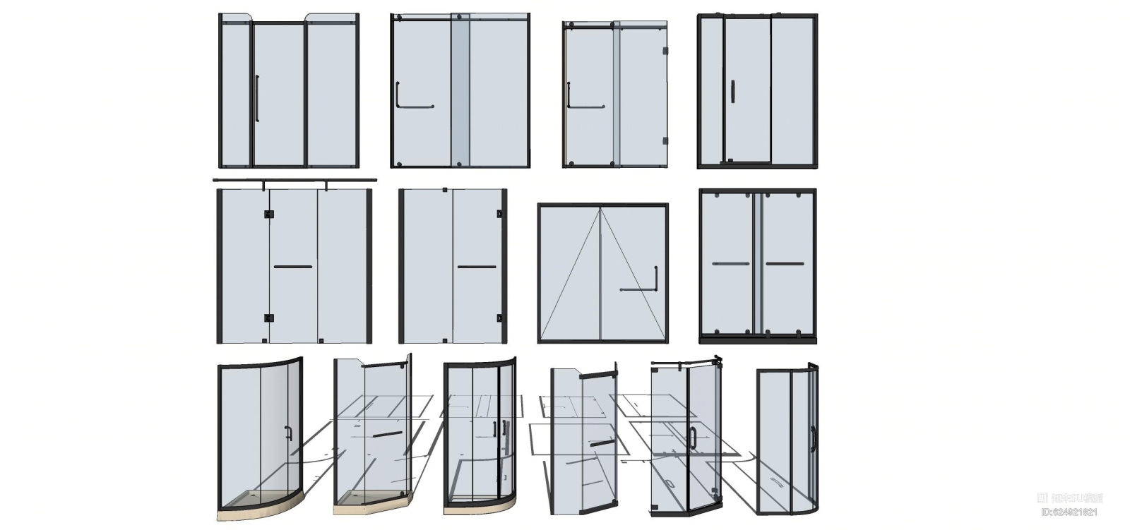 卫生间淋浴房玻璃门隔断组合SU模型下载【ID:624921821】