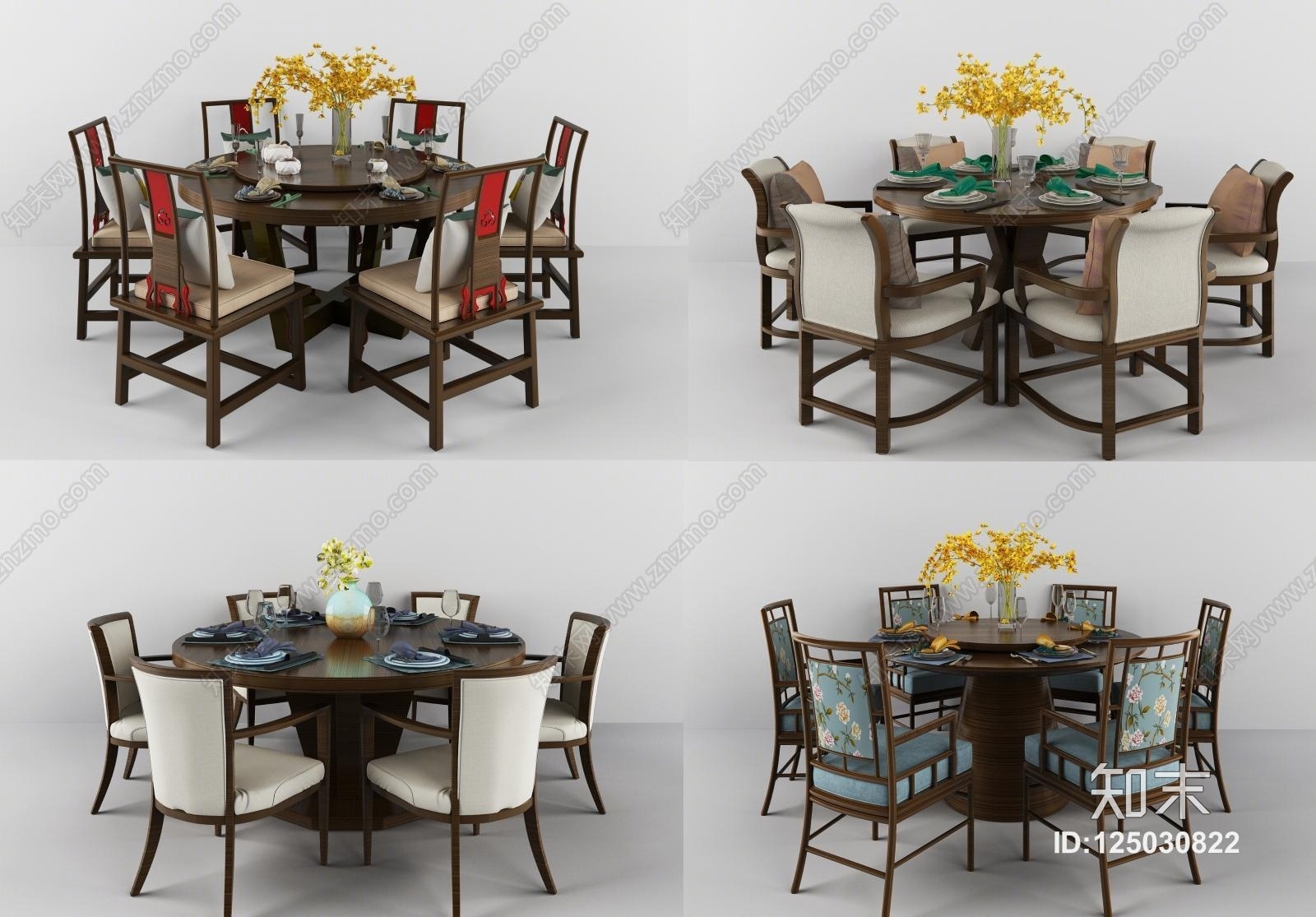 新中式餐桌圆桌组合模型3D模型下载【ID:125030822】