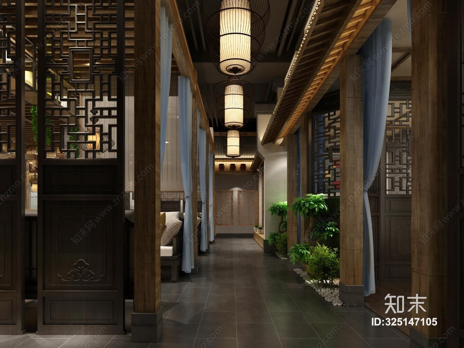 新中式茶餐厅吊灯椅子组合3D模型下载【ID:325147105】