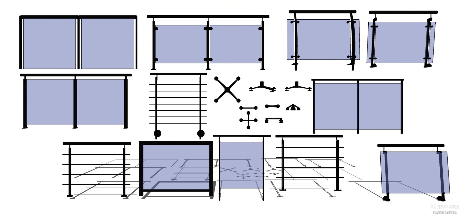 现代玻璃栏杆爪手扶手SU模型下载【ID:325146784】