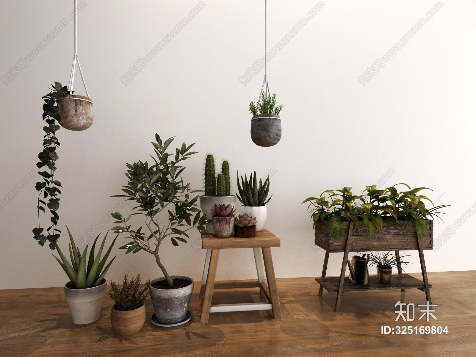 现代老木头凳子植物3D模型下载【ID:325169804】