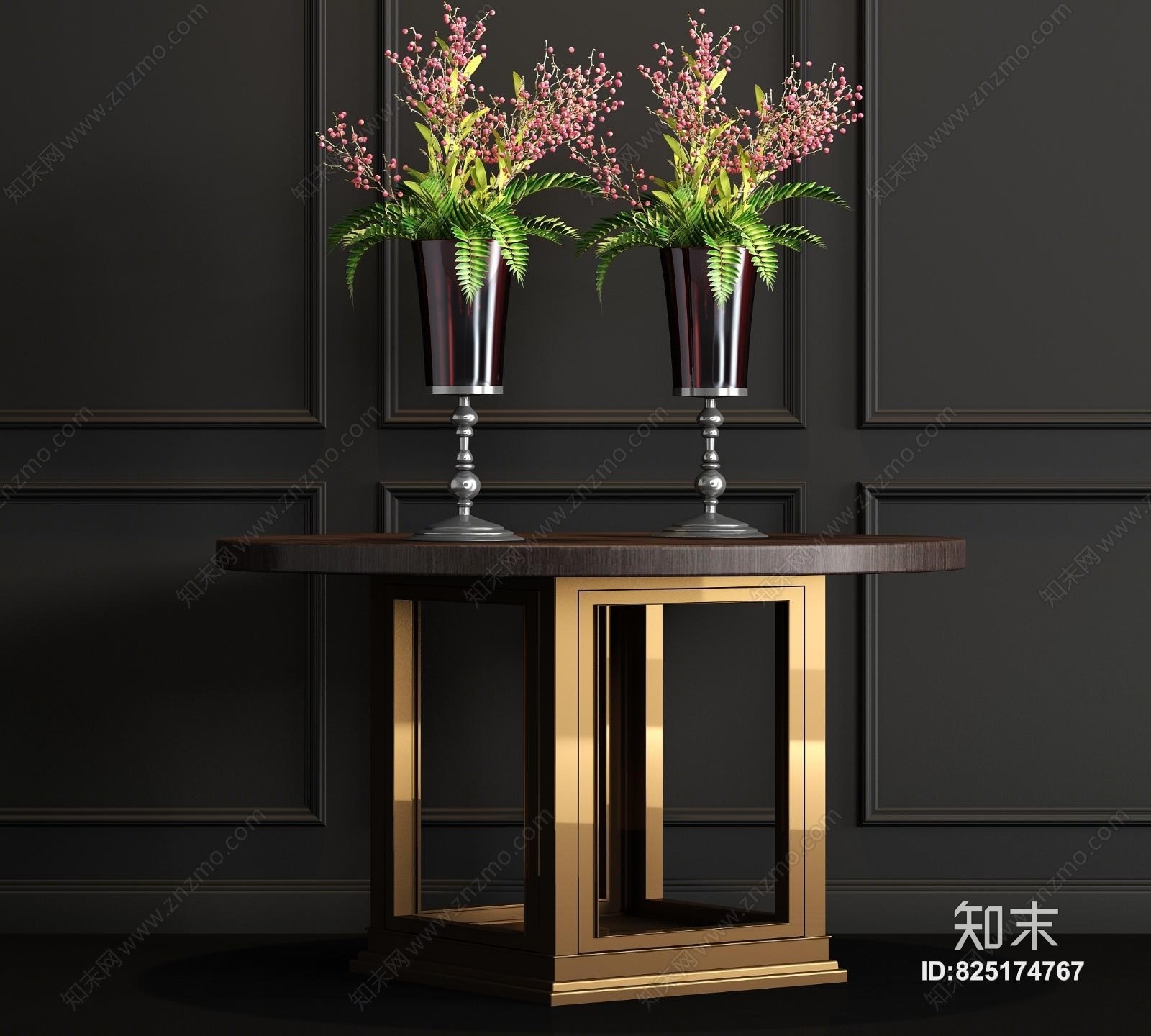 现代金属实木圆形案几花艺组合3D模型下载【ID:825174767】