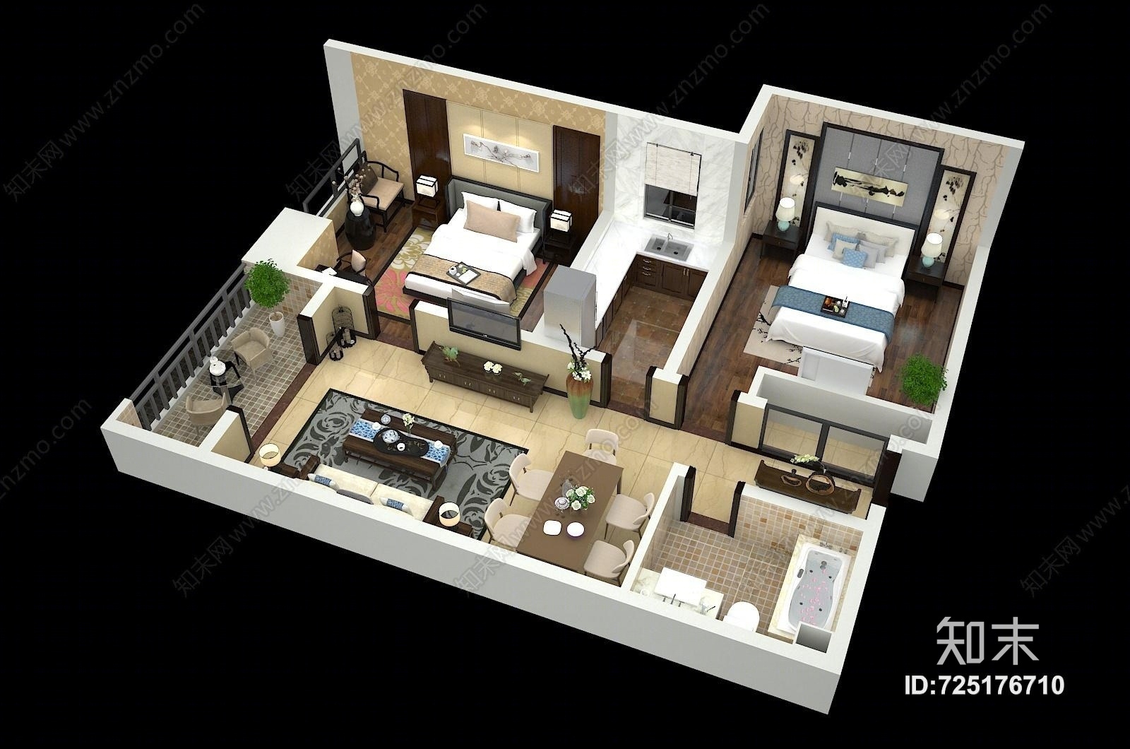 精美中式户型图3D模型下载【ID:725176710】