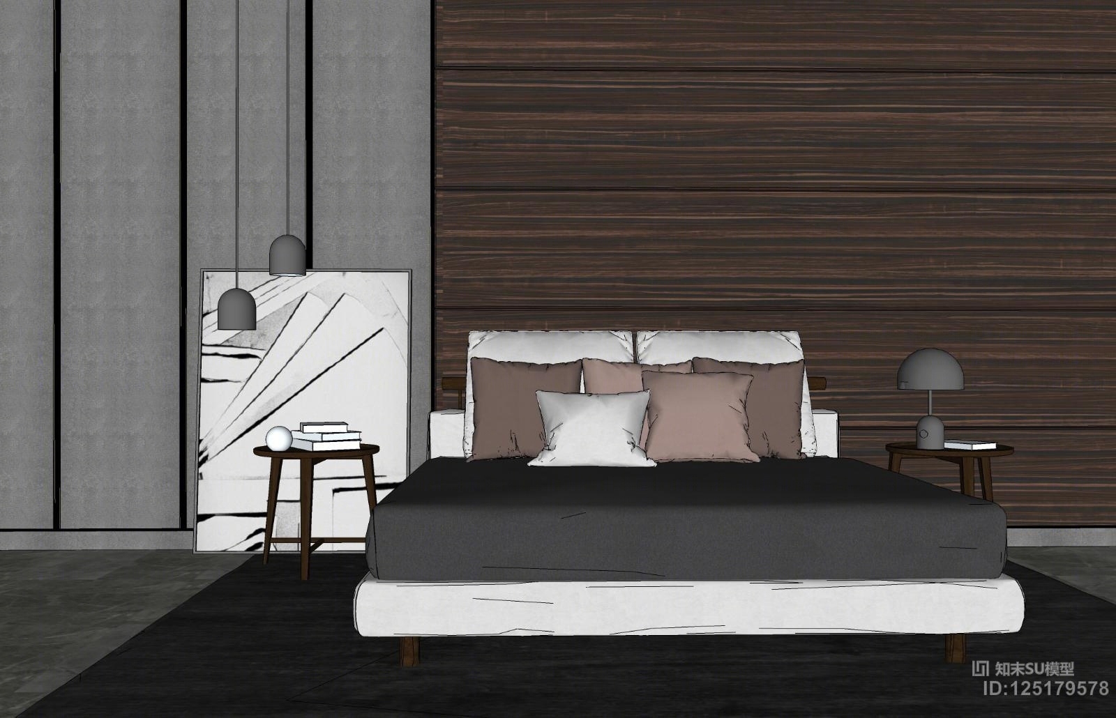 北欧卧室双人床吊灯组合SU模型下载【ID:125179578】