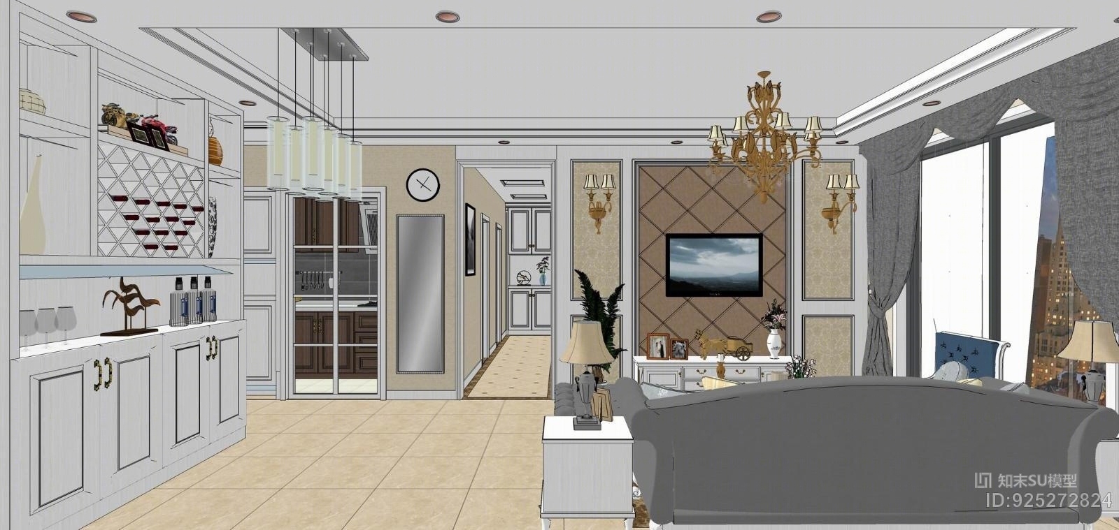 欧式客餐厅厨房酒柜SU模型下载【ID:925272824】