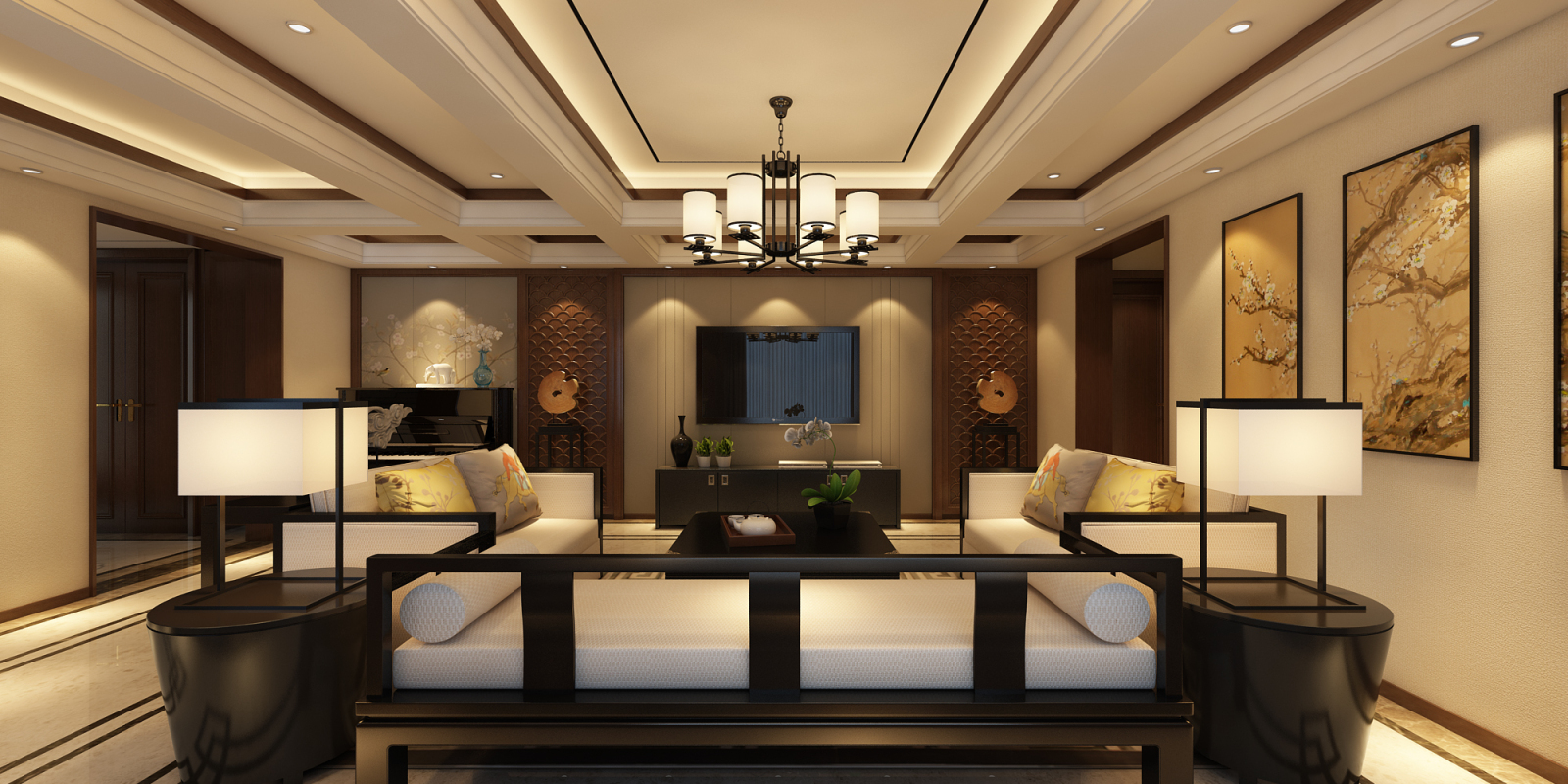 中式风格两间平层打通施工图下载【ID:525311511】